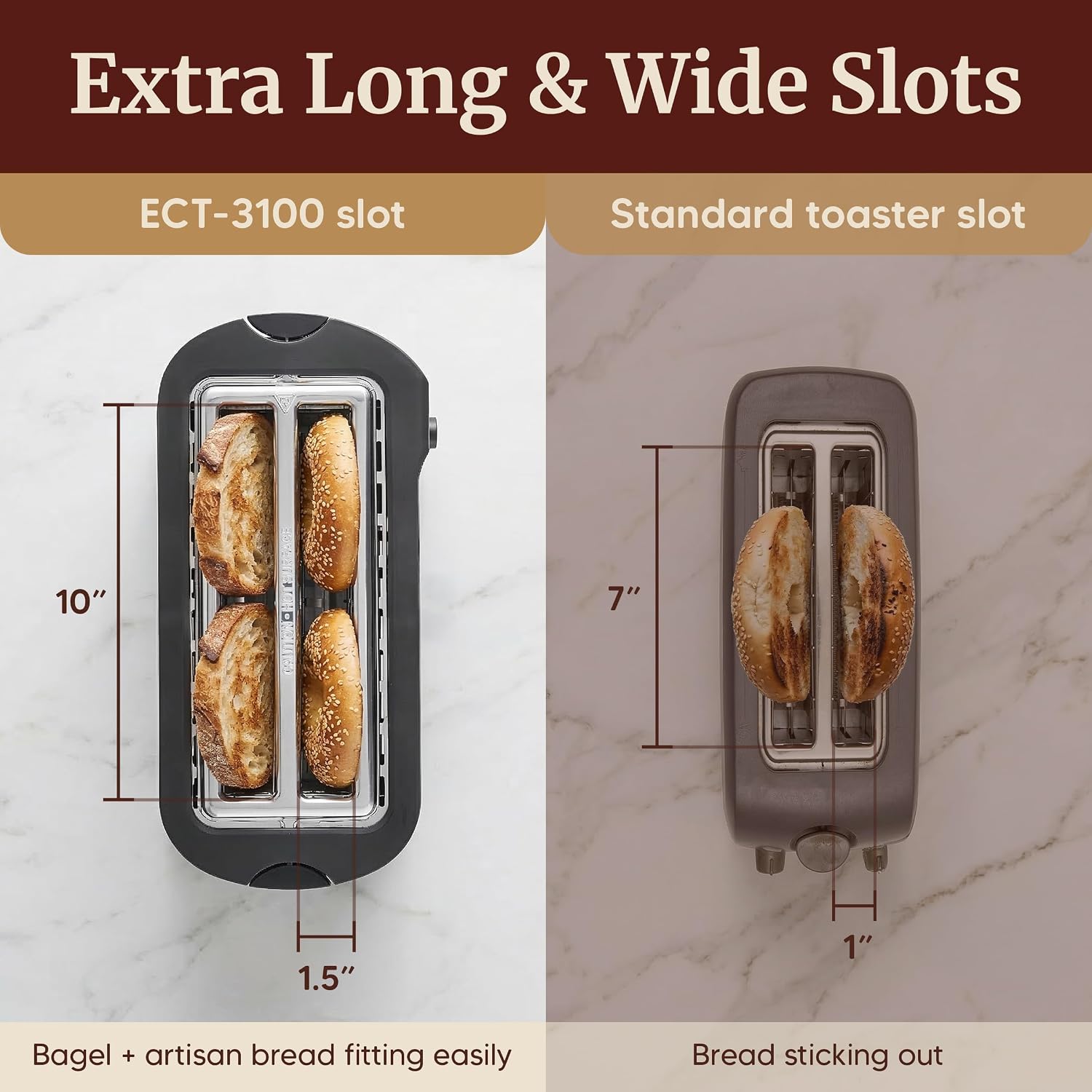 Elite Gourmet ECT-3100 4-Slice Long Slot Toaster, Stainless Steel| Extra-Wide Slots Fit Bagels, Sourdough & Texas Toast, 6 Browning Settings, Reheat, Defrost & Cancel, Built-In Warming Rack