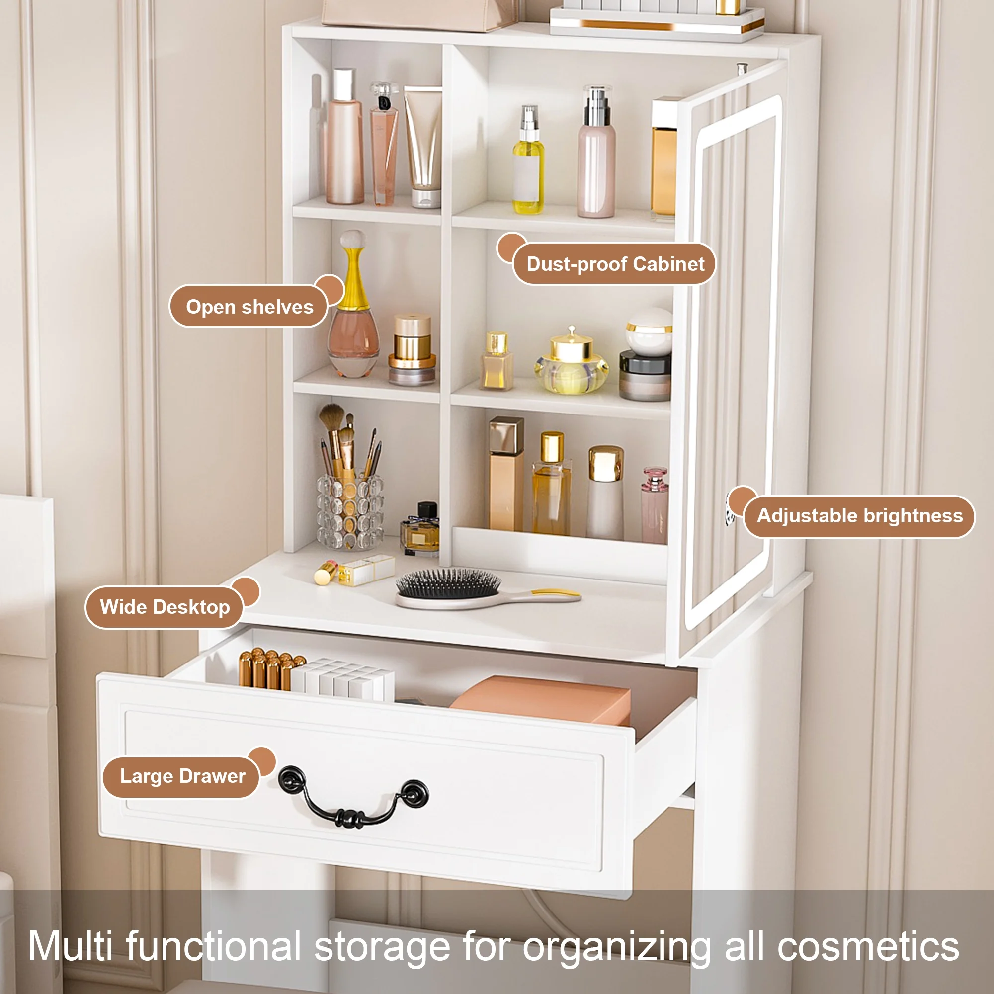 Modern Mini Vanity w/Adjustable LED Mirror + Hidden Storage, Padded Stool Dustproof Shelves (White)(White-S7) - Image 4