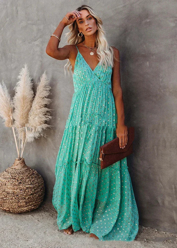 Robe Maxi d'Été Verte Style Bohème Chic