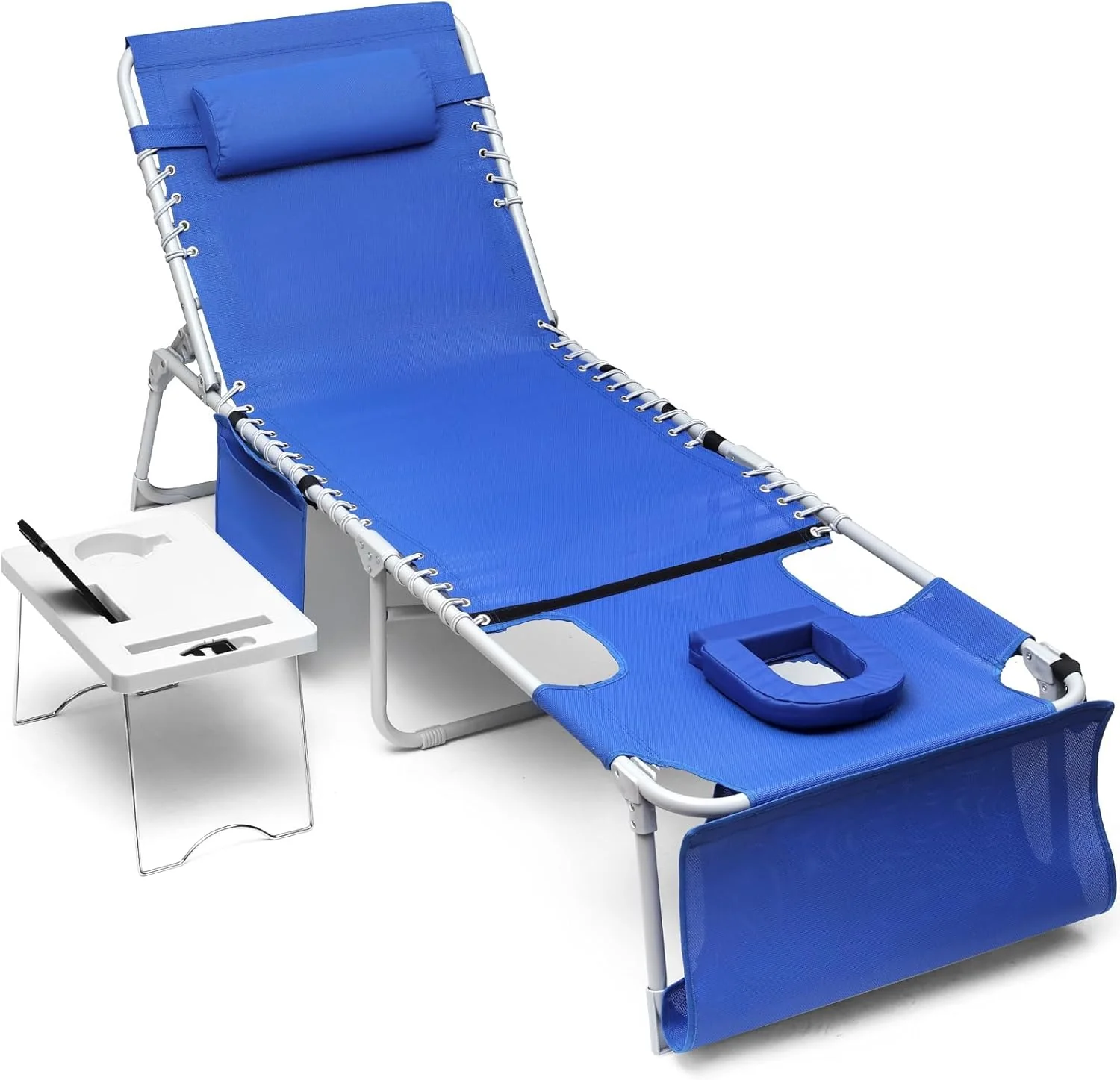 3-in-1 Outdoor Sun Tanning Lounge Chair with Face Hole  5-Position Recliner, Folding Side Table & Removable Pillow, 330lbs Capacity, Blue