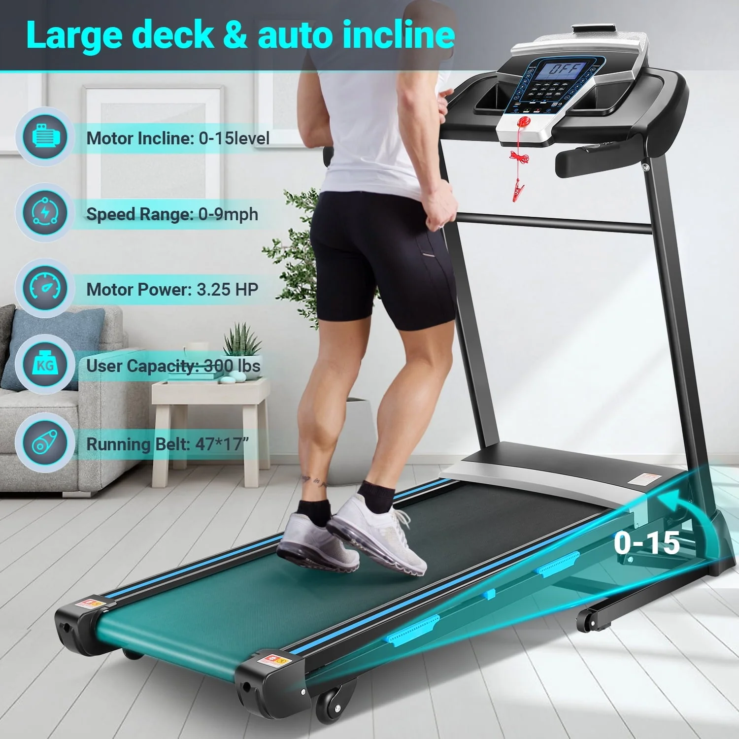 Folding Treadmill with 15% Auto Incline 9 0 mph Speed 12 Preset Program, Strong 3 25HP Motor Running Machine for Cardio Fitness, Black 300lbs Image 2