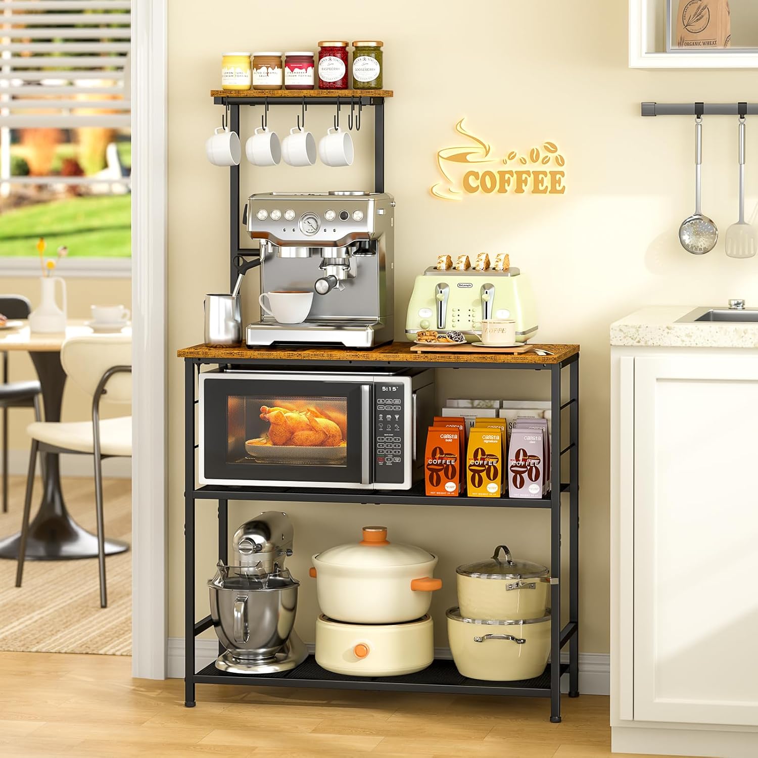 3IngSeagulls Bakers Rack with Storage, Kitchen Microwave Stand with Adjustable Shelf and 6 S Hooks, 4-Tier Coffee Station Table, Kitchen Shelves for Spices, Pots, Rustic Brown