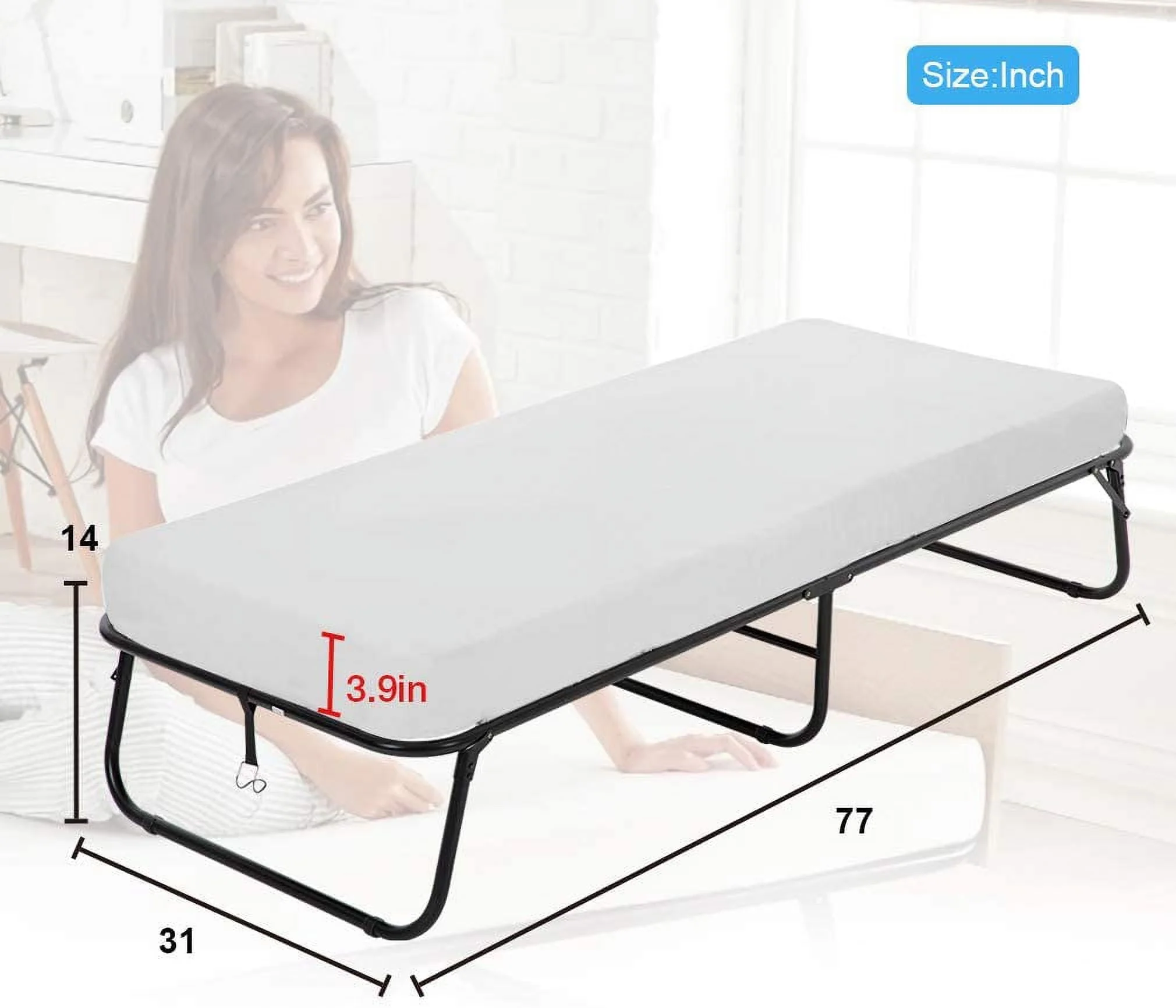Guest Folding Bed Camping Cot Portable Beds Folding Bed Frame with 3 9 Inch Comfort Foam Mattress Strong Sturdy Frame Heavy Duty L77W31H12 Inches for Spare Bedroom Office,White Image 4