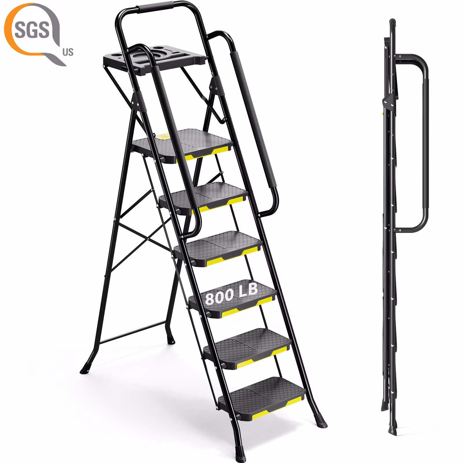 6 Step Ladder, Metal Ladder with Tool PlatformHandrails, 800 lbs Capacity, Black