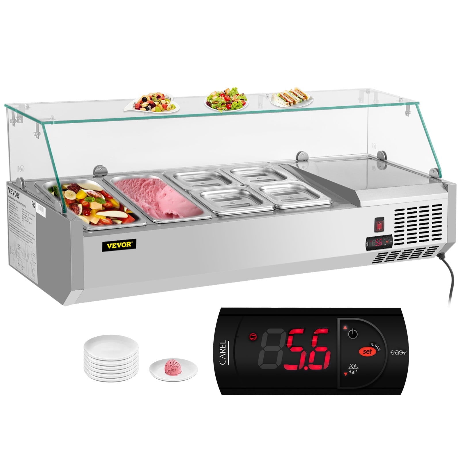 Refrigerated Condiment Prep Station. 48-inch. 10.8Qt Sandwich / Salad Prep Table w/ 3 1/3 Pans & 4 1/6 Pans. 146W Salad Bar w/ 304 Stainless Body Tempered Glass Shield Digital Panel Auto Defrost