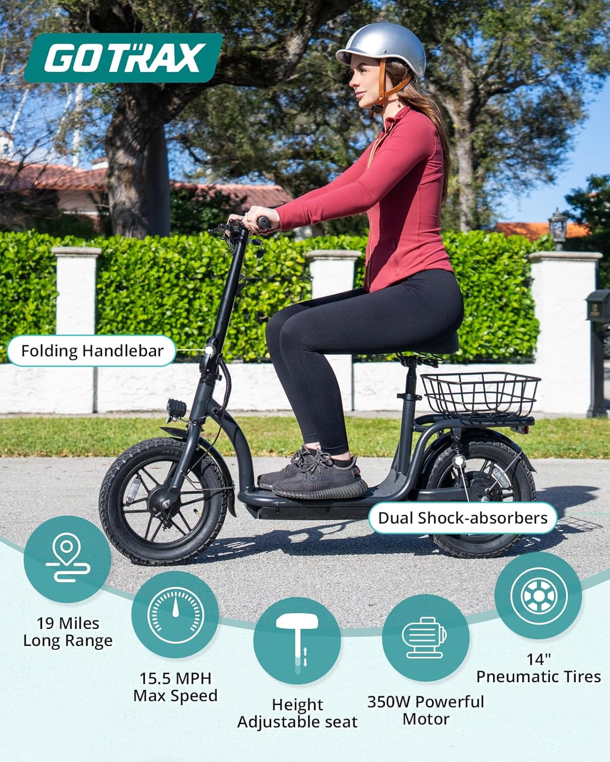 Trottinette électrique Gotrax pour adultes avec siège, autonomie maximale de 30 à 40 km, pneus tout-terrain, larges pédales
