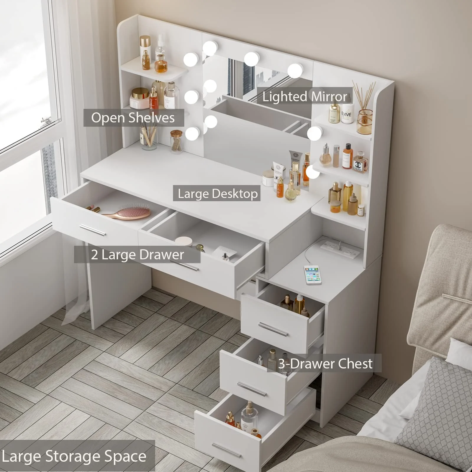 Makeup Vanity with Mirror and Lights,3 Lighting Colors,Bedroom Vanity Table with Charging Station,White Make Up Desk with 5 Drawers Storage and Open Shelves(White) Image 4