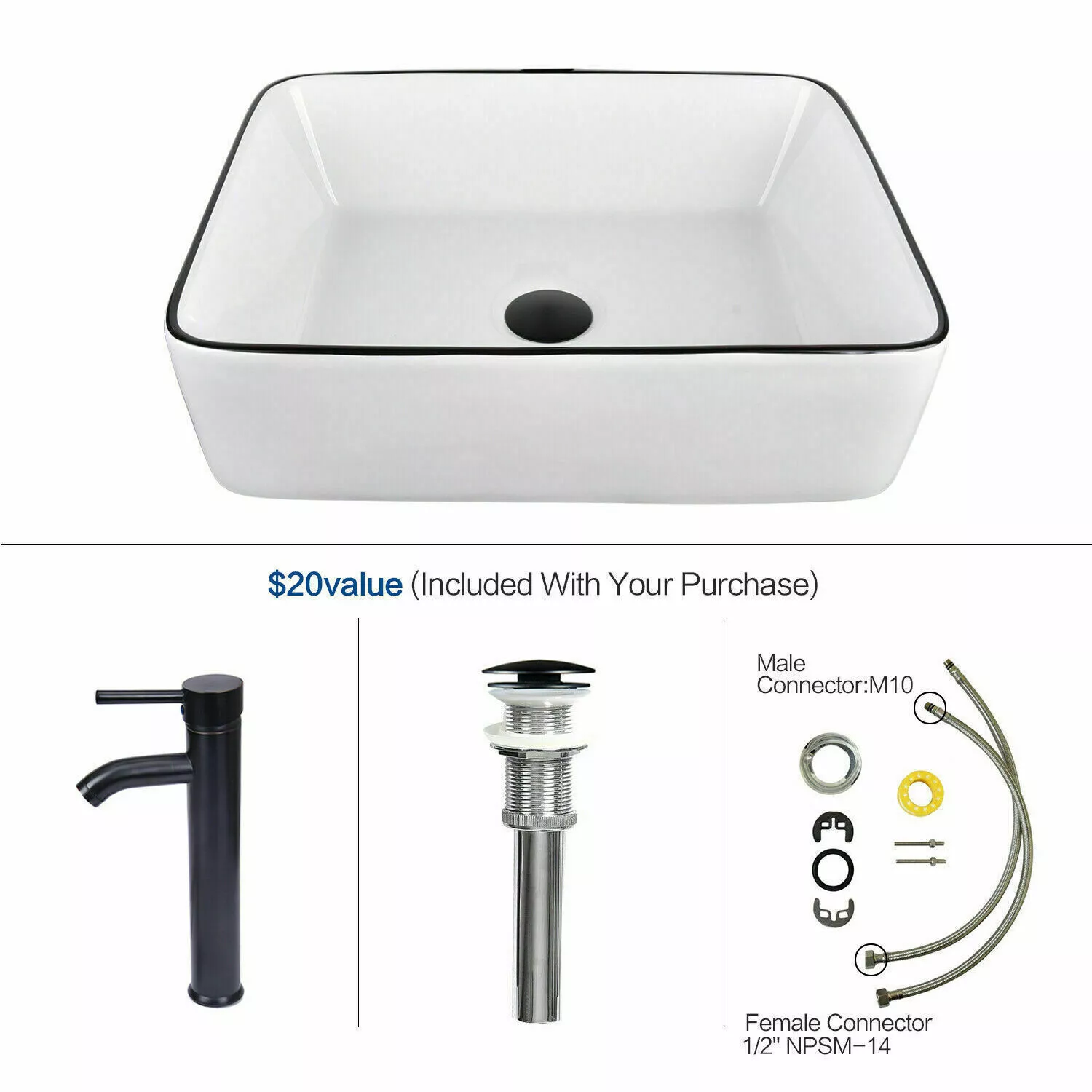 Bathroom Ceramic Sink Vanity Vessel Basin Porcelain Faucet Drain Combo Rectangle,White(Style A) - Image 2