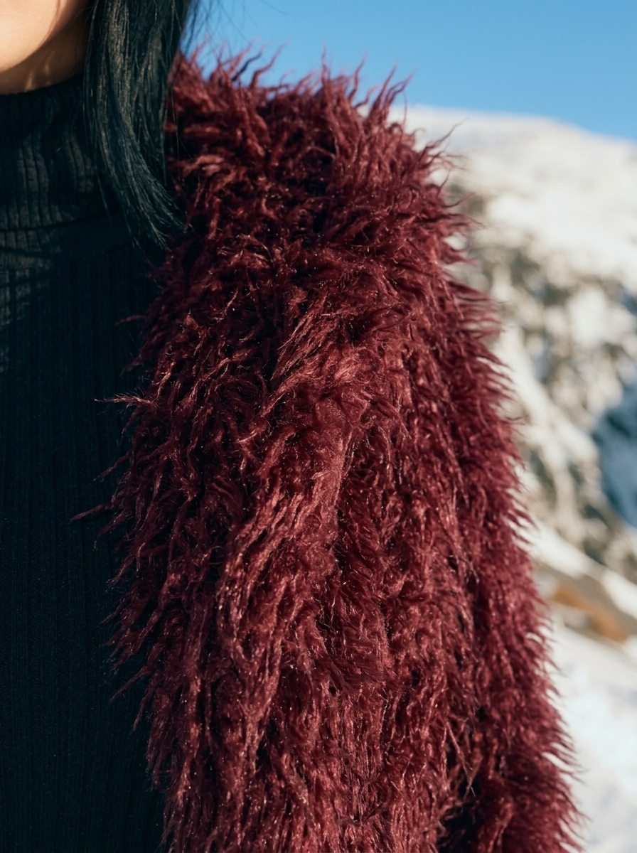 Stanetco Women's Cropped Burgundy Faux Fur Hooded Jacket - Fluffy Winter Shaggy Coat, Trendy Warm Plush Outerwear