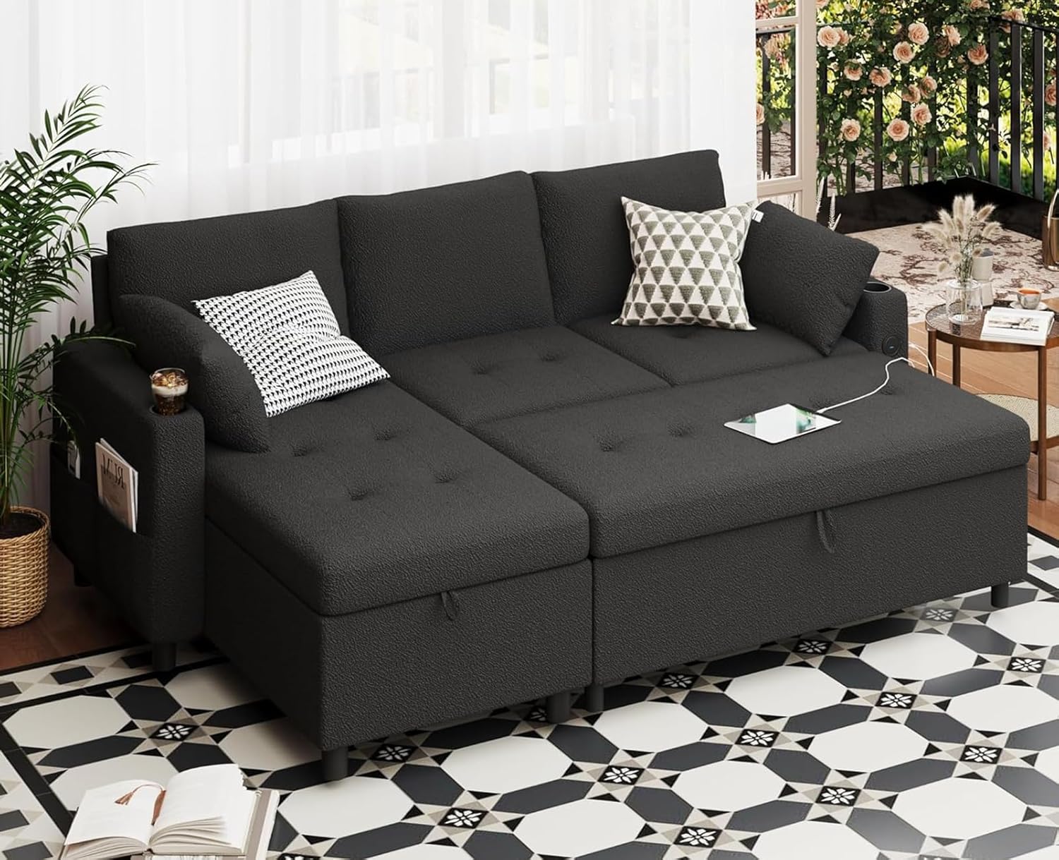 AECOJOY Sleeper Sofa Couch with Pullout Bed, Teddy Fleece, Black