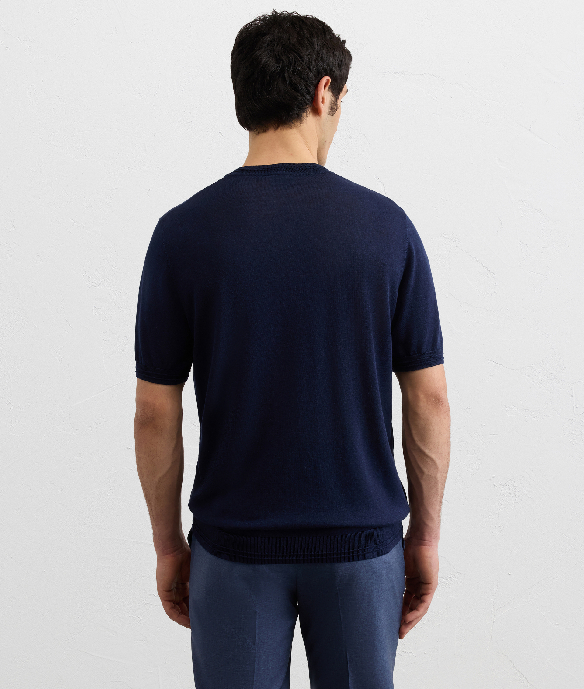 NAVY BLUE COTTON AND SILK LYOCELL JERSEY KNIT T SHIRT