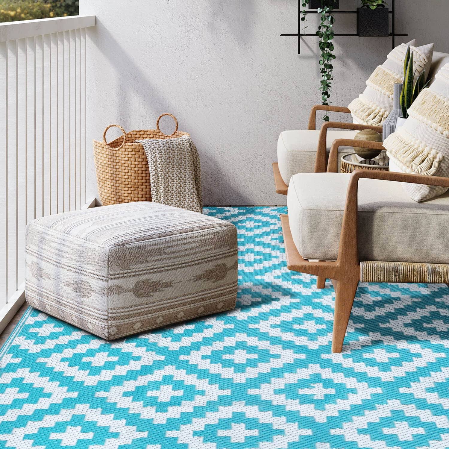 Kalafun 5x8 ft Blue Plastic Straw Outdoor Rug - Waterproof Area Rug for Patios, Camping, Porch, Deck, RV, Camper, Balcony, Backyard