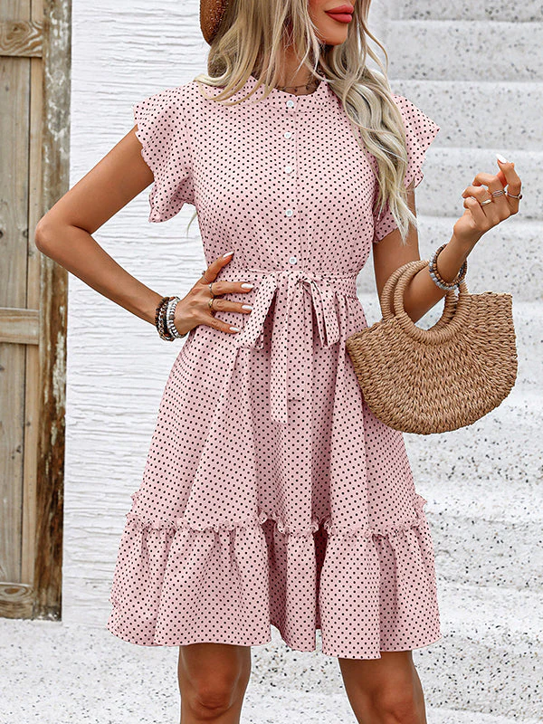 Robe mini patineuse plissée avec taille nouée