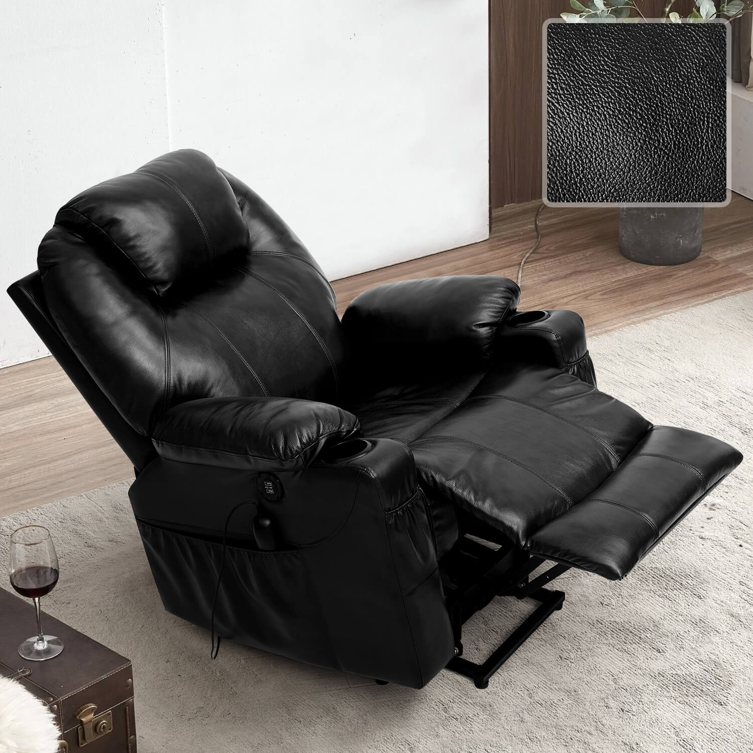 Fauteuil releveur électrique 3 positions avec repose-talon et massage, revêtement en cuir véritable