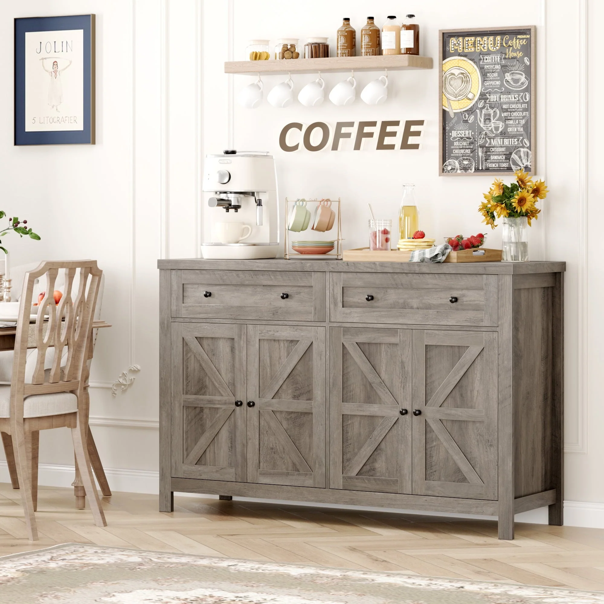 Homfa Farmhouse Kitchen Storage Cabinet, 4-Doors 2-Drawers Wood Buffet Sideboard for Dining Room Living Room, Gray(Brown)