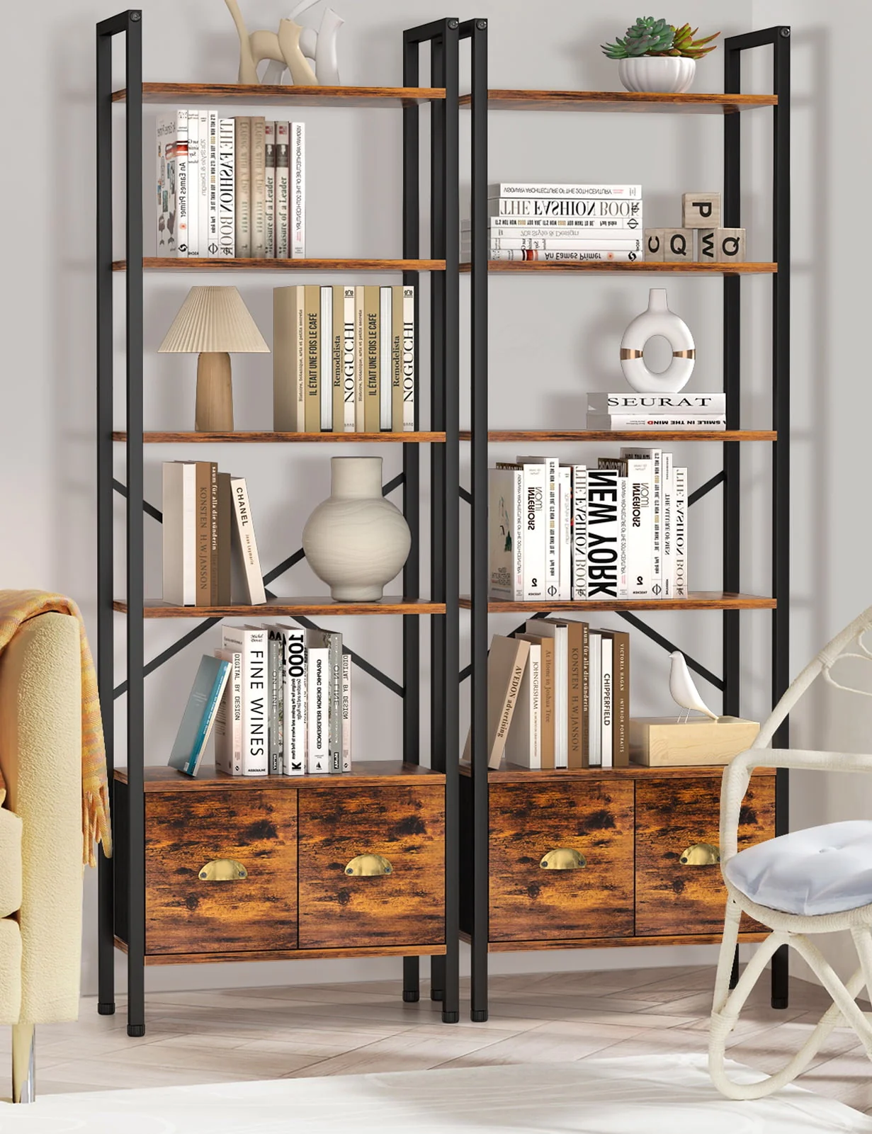 6 Shelf Bookcase, 70in Tall Bookshelf with 2 Drawers, set of 1, Rustic Brown
