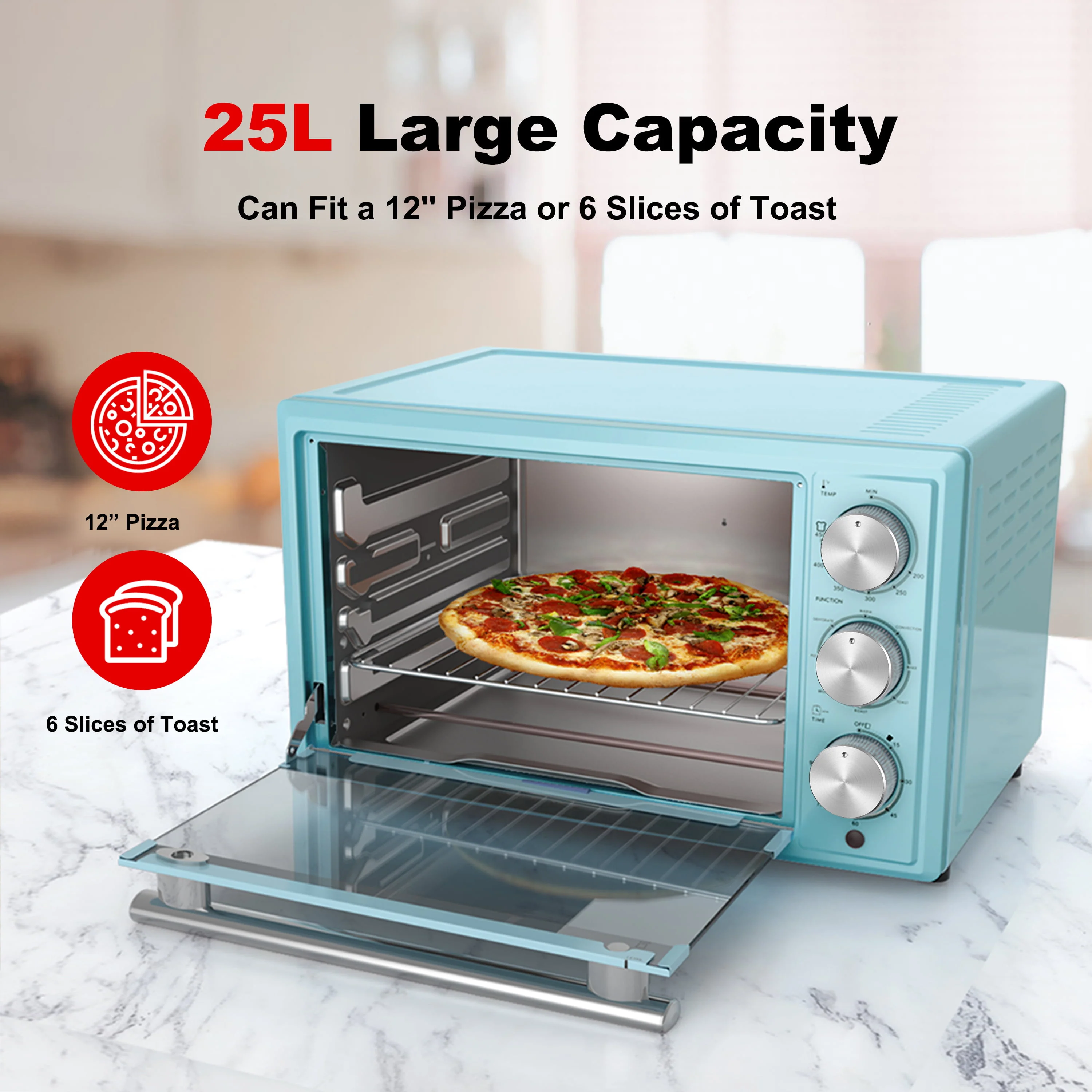 Galanz Retro Toaster Oven, True Convection, Indicator Light, 8 Cooking Programs, 1500W, 120Volts, 0.9 Cu.Ft Capacity, Blue - Image 6