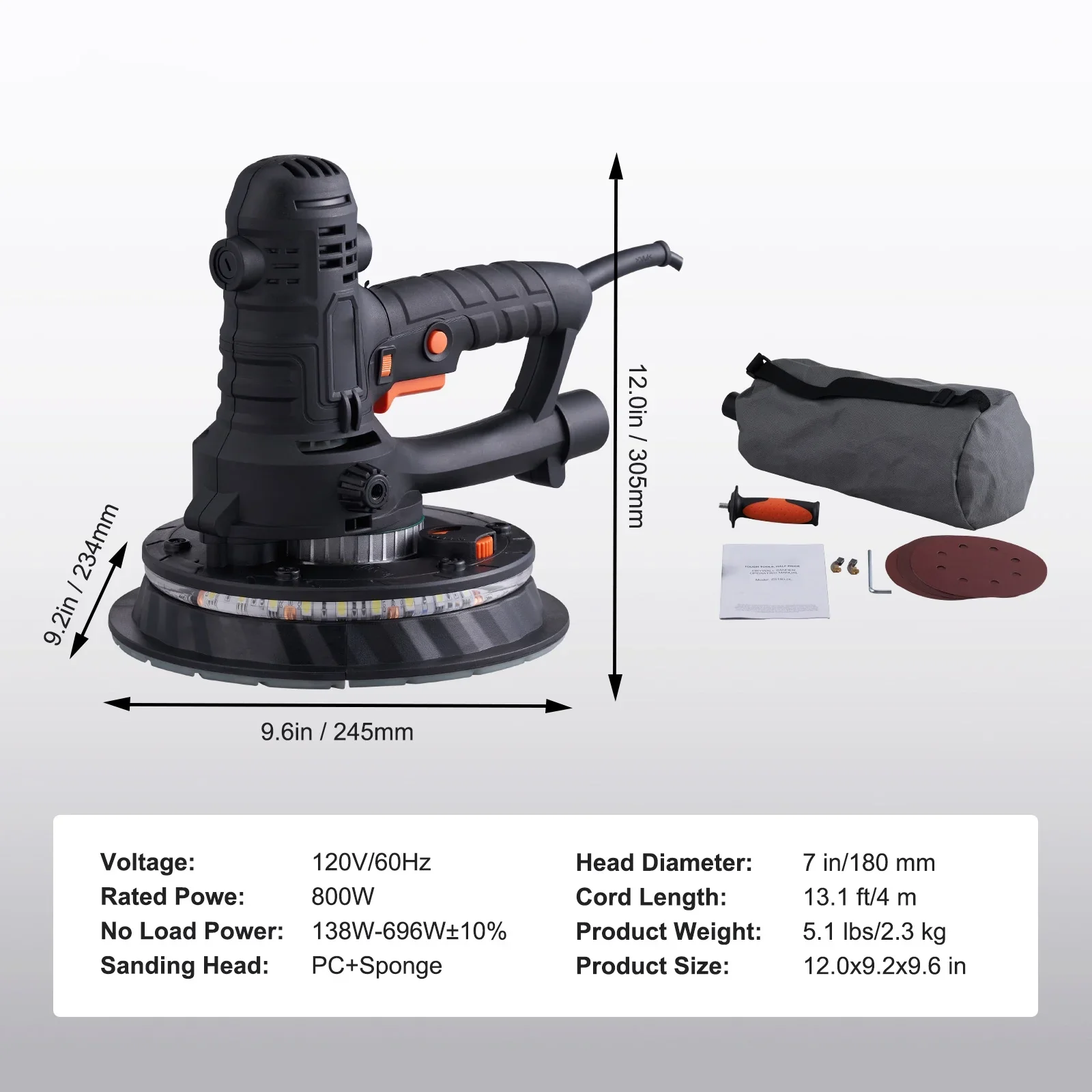 BENTISM Handheld Drywall Sander 800W, 1200-2300RPM Wall Sander with Double LED Light & Automatic Vacuum System, 12 Pcs Sanding Pads Electric Sander with Dust Bag, Detachable Edge