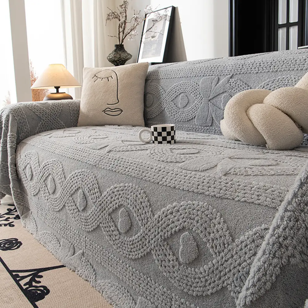 Bowknot Jacquard Plush Multifunctional Sofa Blanket Couch Cover