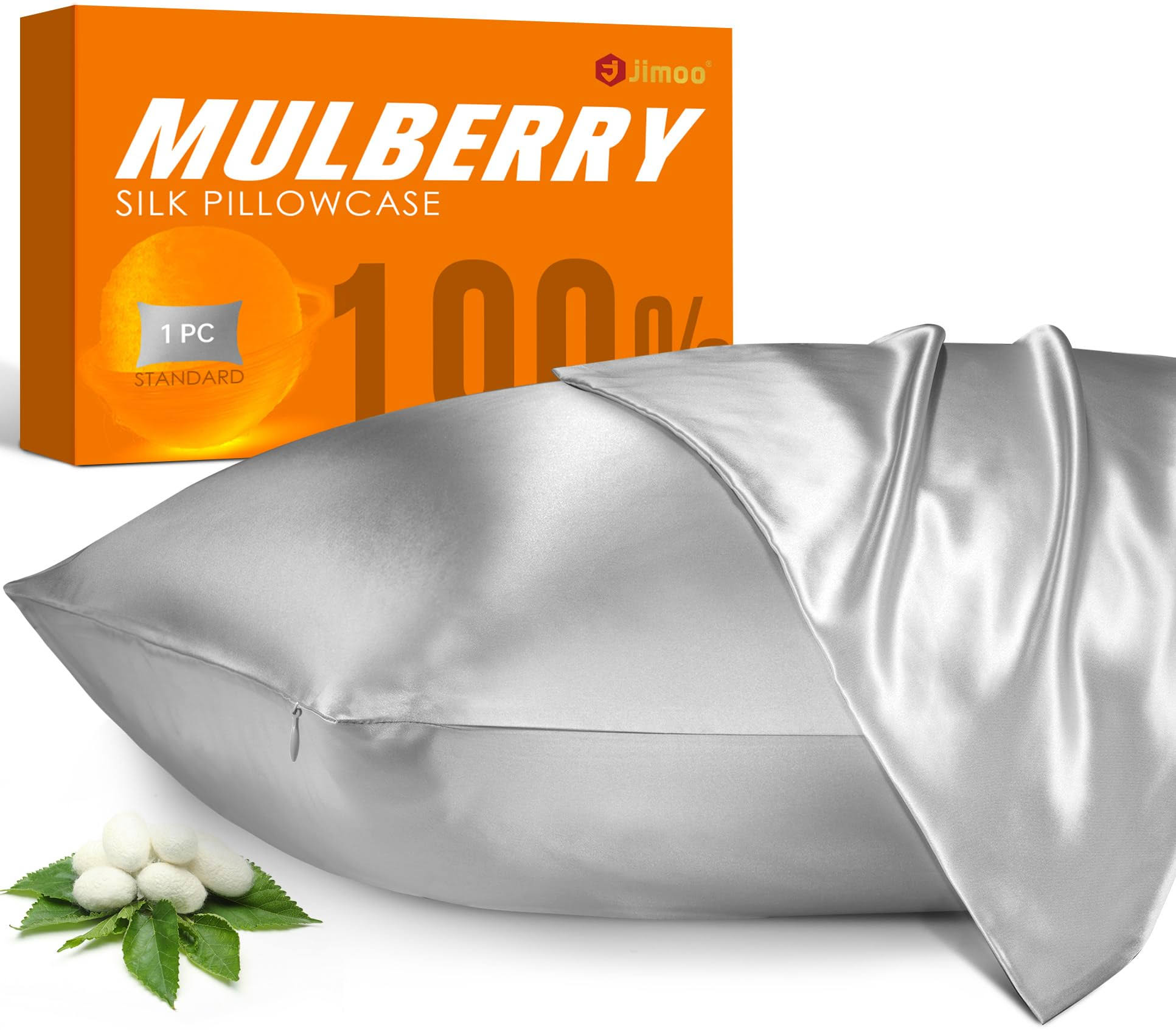 J JIMOO Natural Silk Pillowcase, for Hair and Skin with Hidden Zipper,22 Momme,600 Thread Count 100% Mulberry Silk, Soft Breathable
