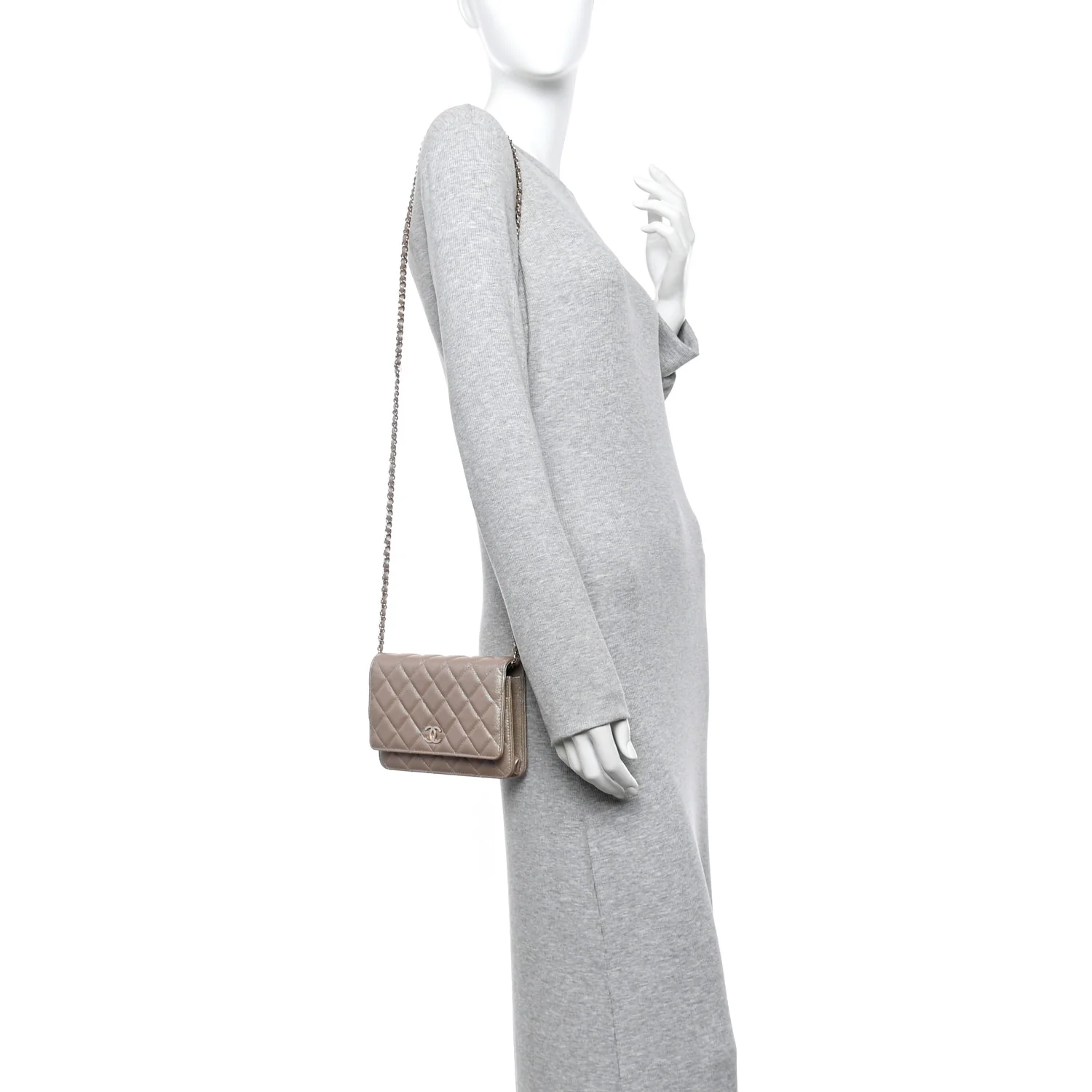 Iridescent Caviar Quilted Wallet on Chain WOC Beige