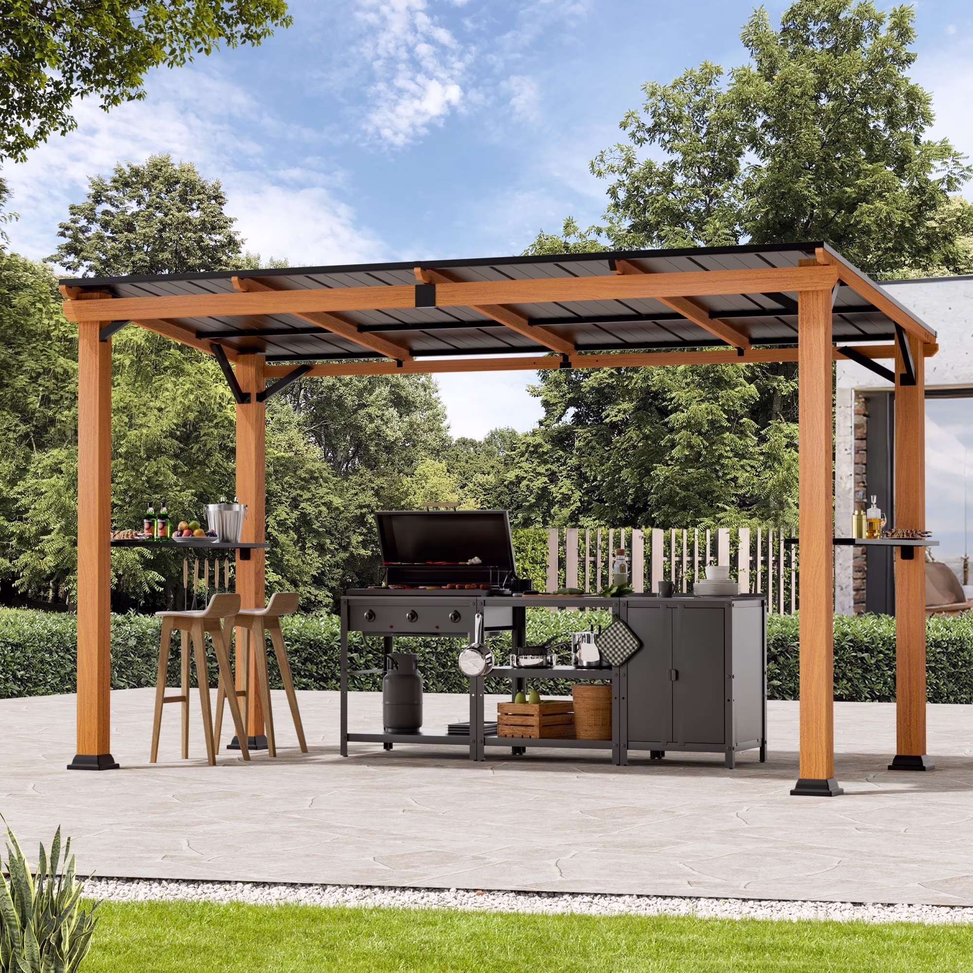 Hardtop Grill Gazebo 6'x12'with Side Shelf, Outdoor Gazebo with Bottle Opener Hooks, Grill Canopy with Sturdy Rustproof Design for Backyard, Garden, Patio,Wood-Looking(Brown)