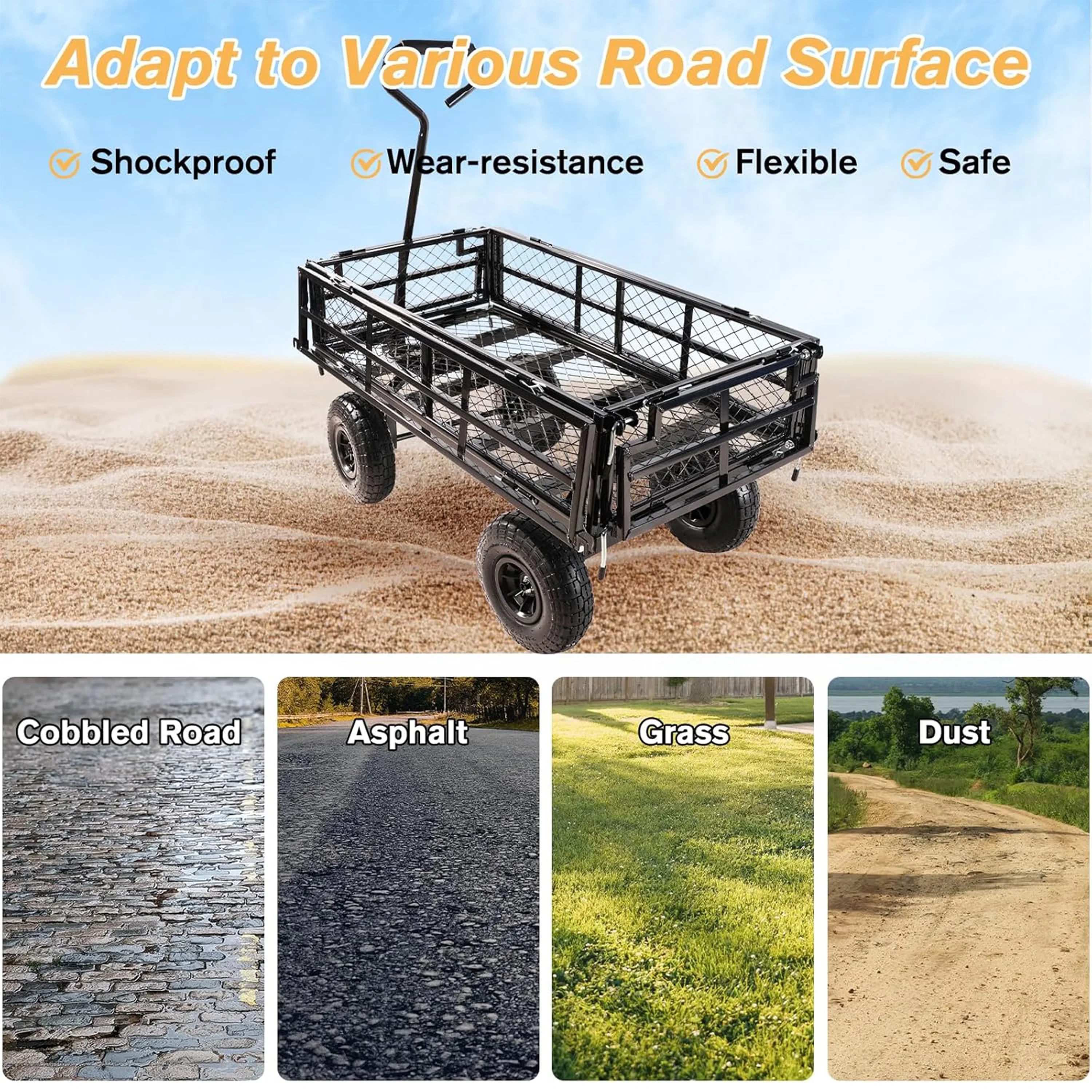 Furnibear Heavy Duty Steel Garden Cart 1500lbs Capacity, 6.35 cu ft, 40.55 x 27.56 Folding Utility Wagon with Double-Layer Removable Side, Black