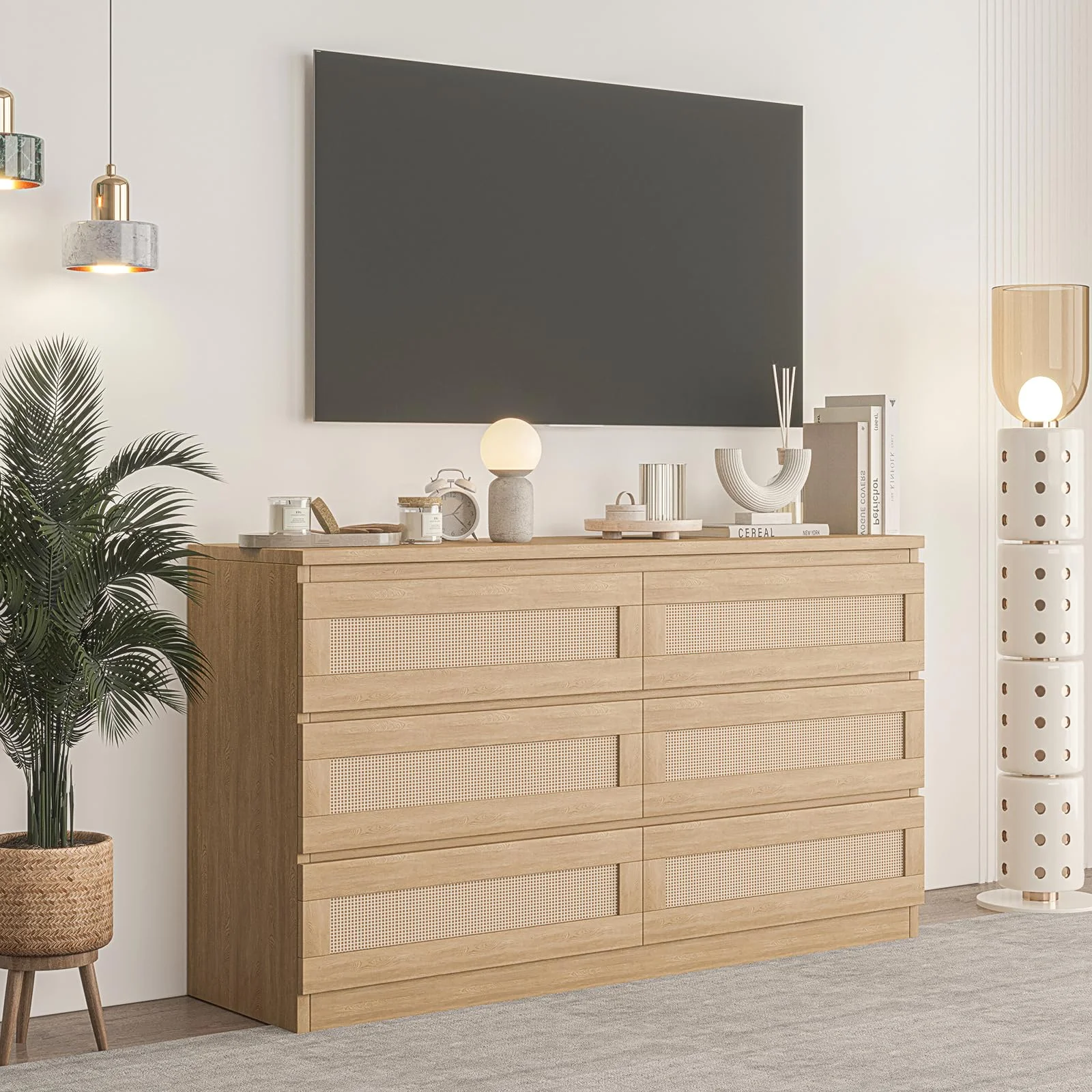Rattan Dresser for Bedroom 6 Drawer, Double Dresser with Anti-Tip Kit, Wood Storage Wide Chest of Drawers for Bedroom, Living Room, Hallway, Oak Color(6 Drawer/Natural) - Image 6