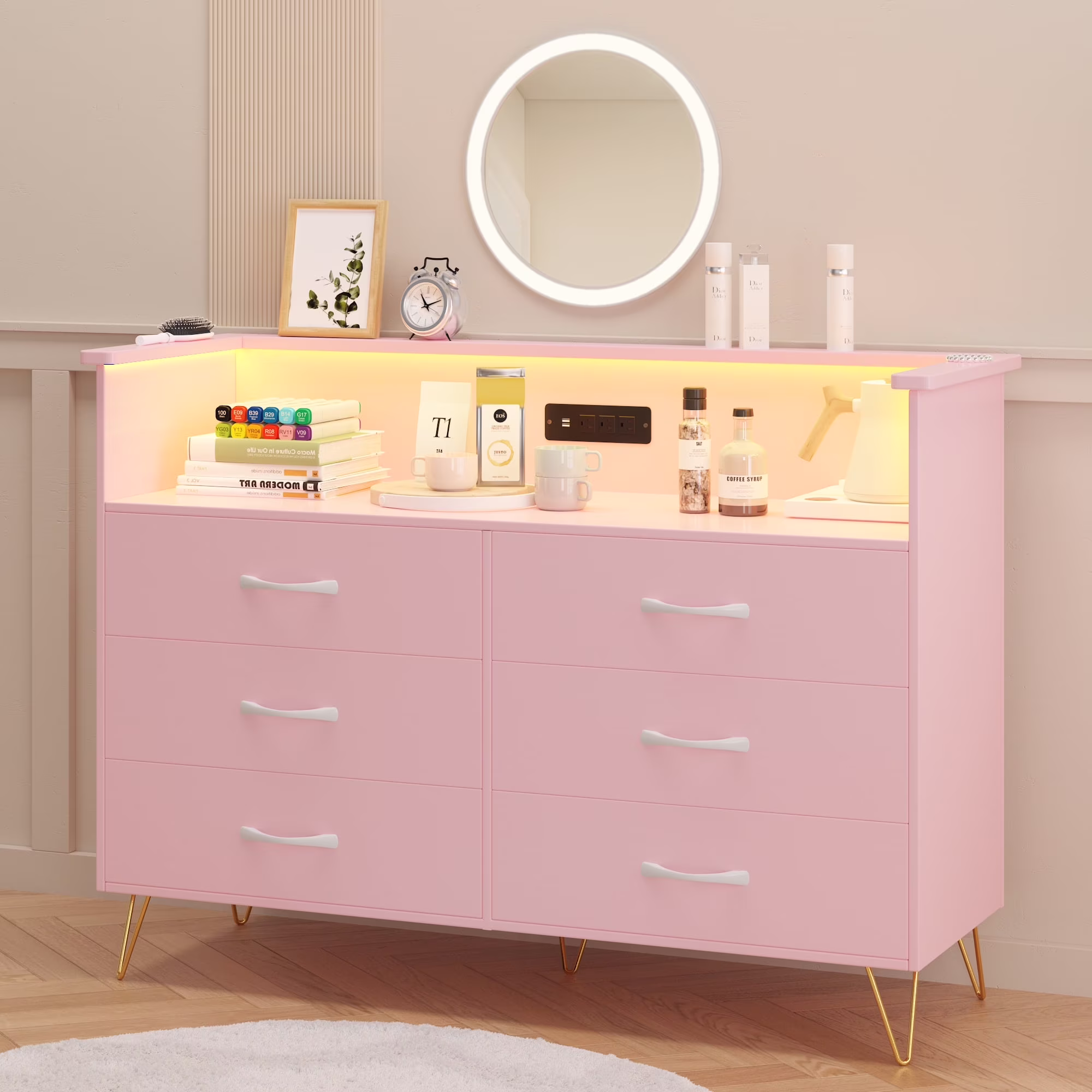 Garvee Dresser for Bedroom 6 Drawer with LED Light & Charging Station, Wooden Dressers and Chests of Drawers with 2 - Tier Open Shelves, Wide Dresser Organizer for Living Room Hallway Entryway, Pink