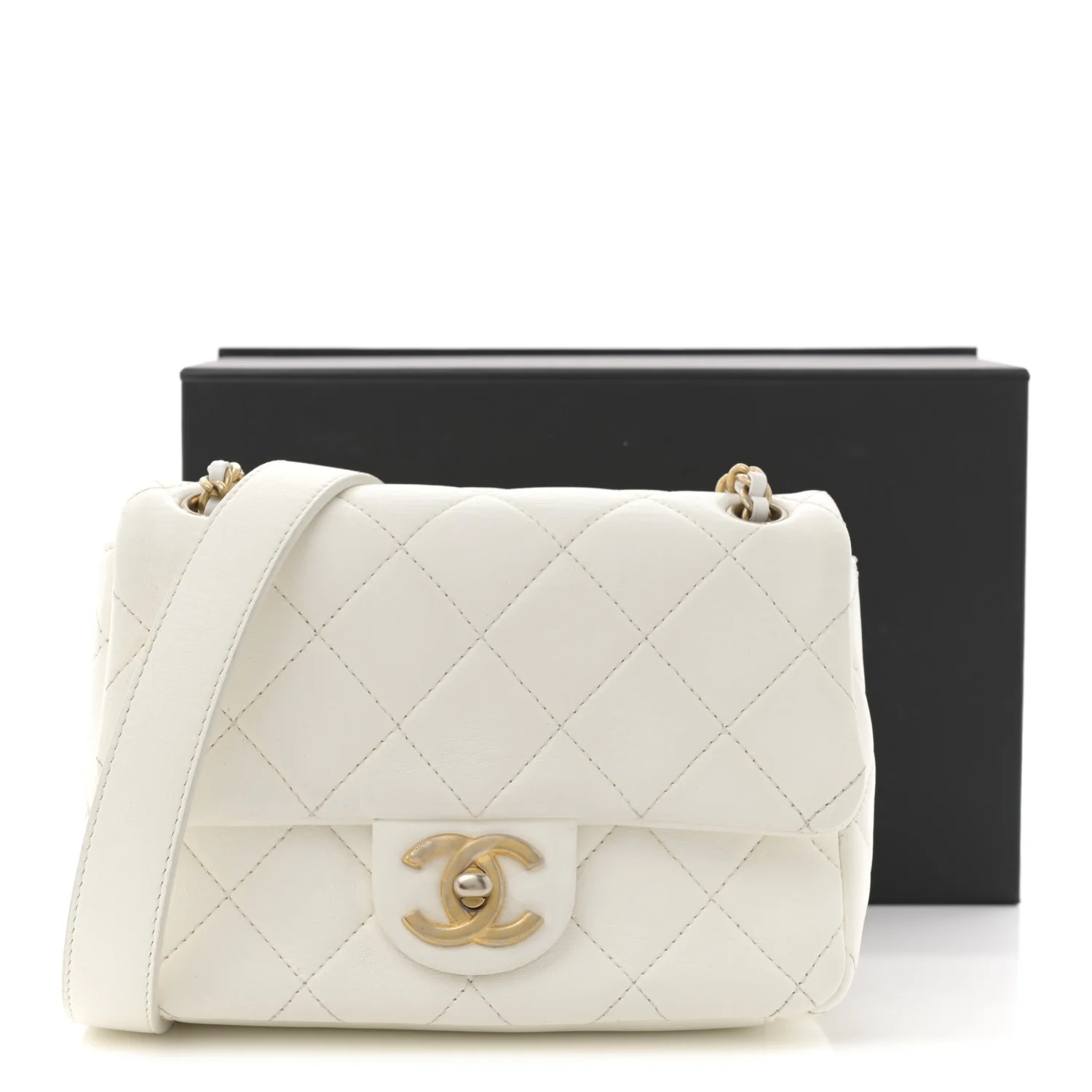 Shiny Lambskin Quilted Mini Flap White