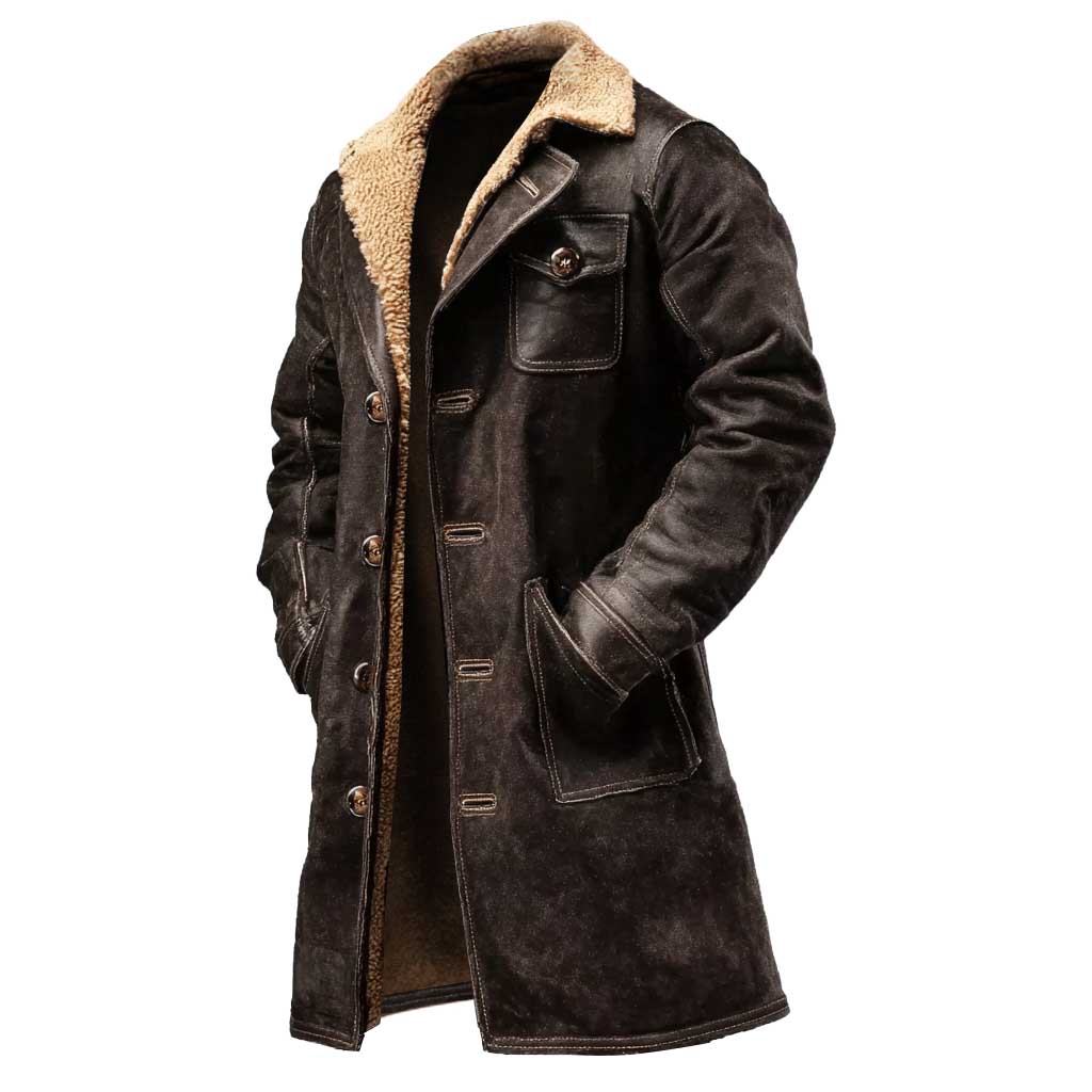Manteau en Cuir Suédé Marron Homme avec Fourrure Synthétique Vintage