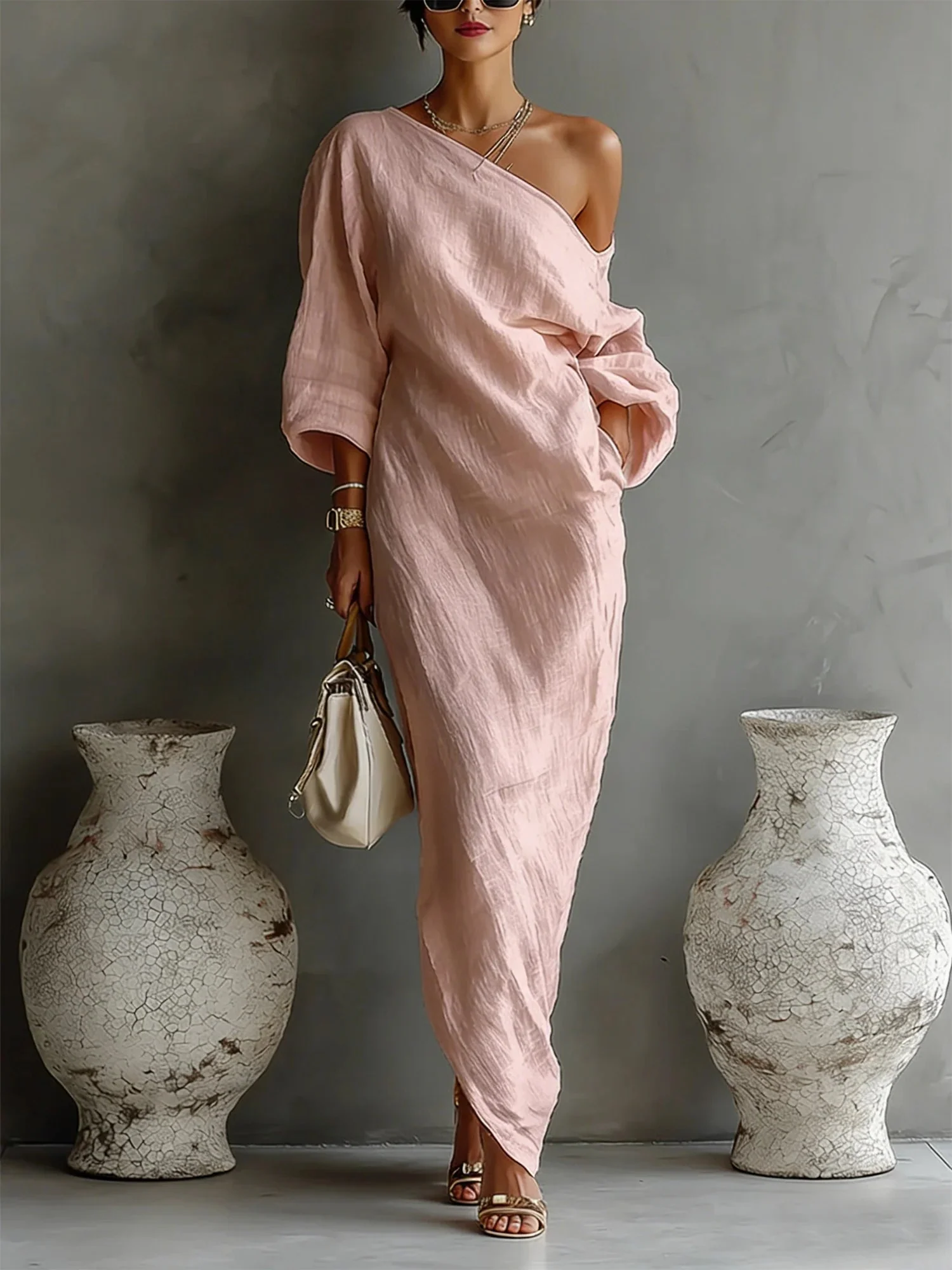 Robe Maxi en Lin à Manches Bouffantes pour Femme