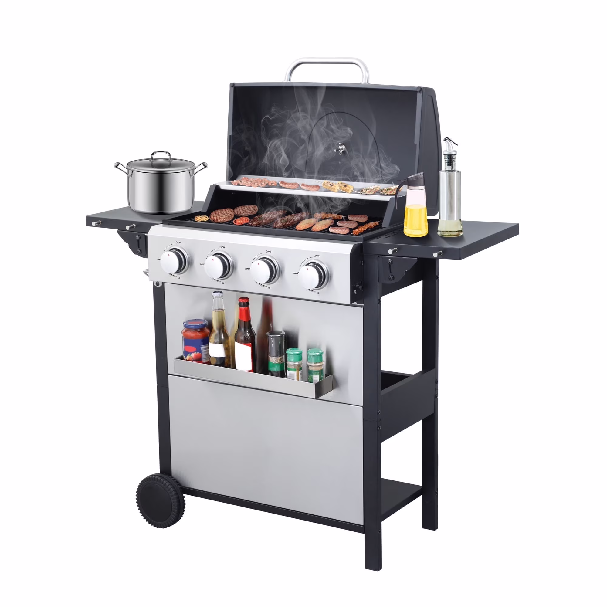 3-Burner Propane Gas Grill with 2 Foldable Side Tables, 30,000 BTU Outdoor BBQ Stainless Steel Grill with Porcelain-Enameled Cast Iron Grates and Thermometer, Easy Assembly for Patio, Backyard BBQ(Pro 3-Burner) - Image 5