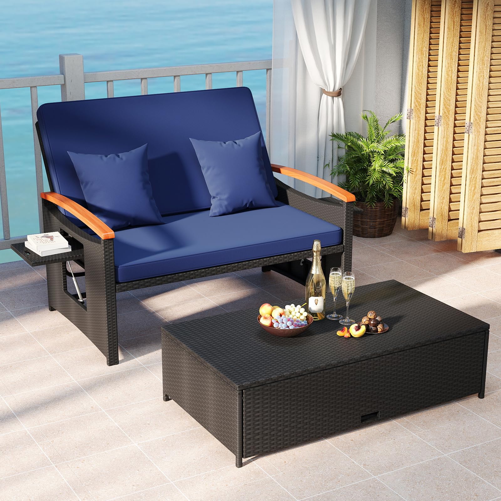 Tangkula Patio Rattan Daybed with 4-Level Adjustable Backrest