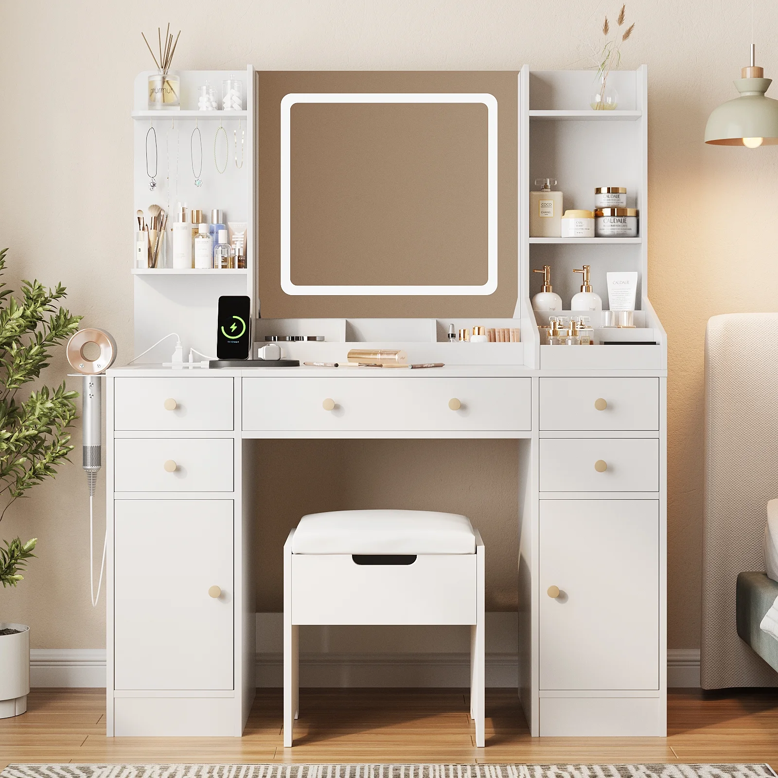 Vanity Set with Mirror and Lights, Makeup Table with Charging Station,5 Drawers Storage Shelves, White(white) - Image 10