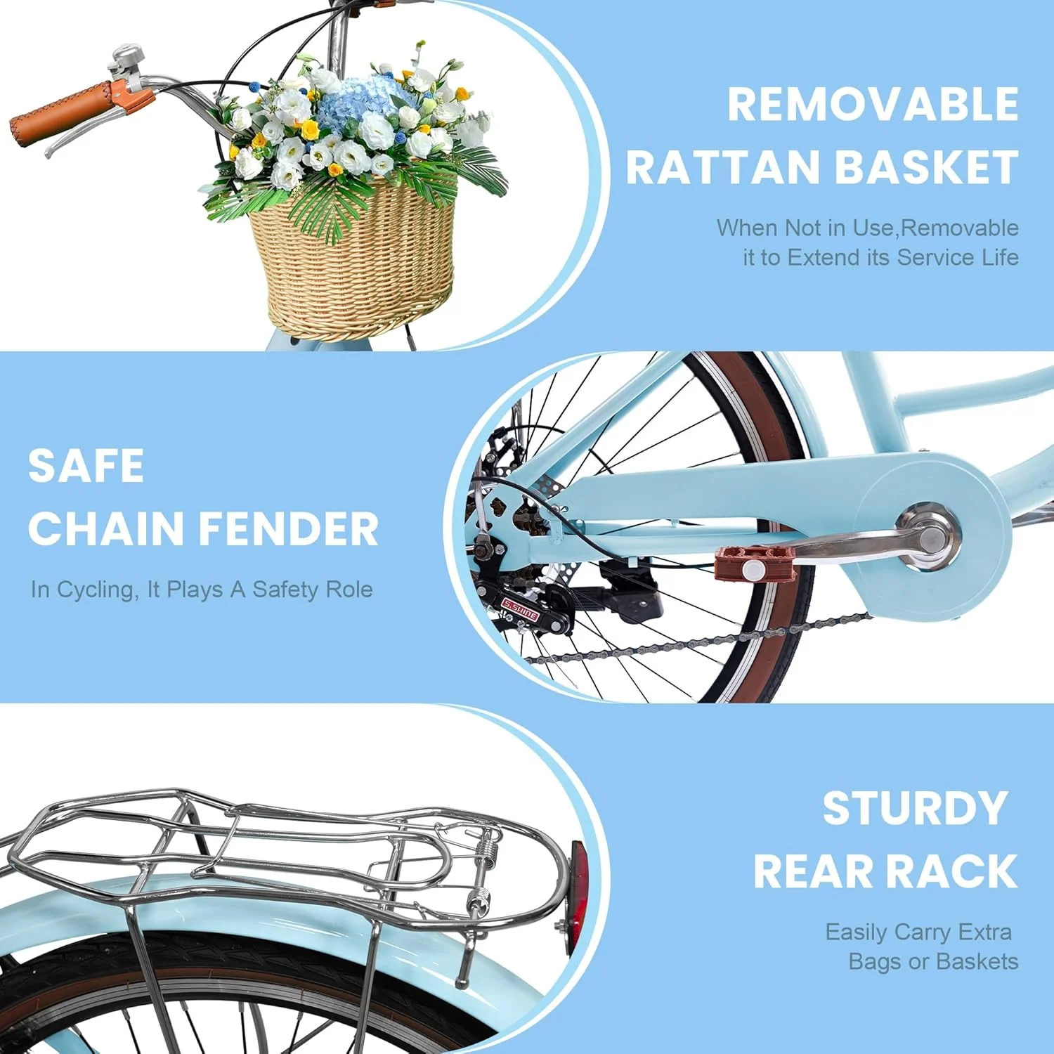 26" Beach Cruisers for Women, Bikes for Women with Rattan Basket, 7-Speed Step-Through Frame(Light Blue/26") - Image 7