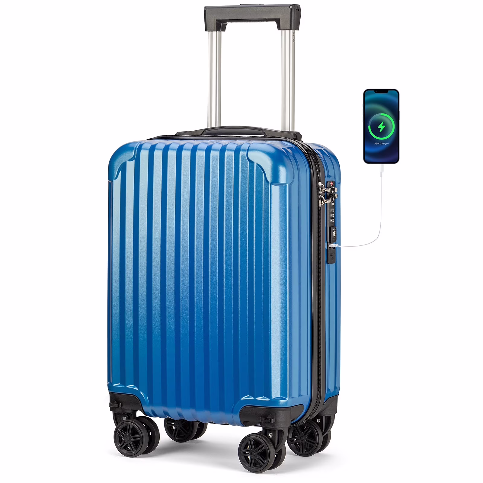 Personal Item Suitcase 18x14x8 Inches Hardside Built In TSA Lock USB Port Lightweight Luggage With Removable Silent Wheels Underseat Carry-On Bag For Spirit and Frontier and More (Blue)