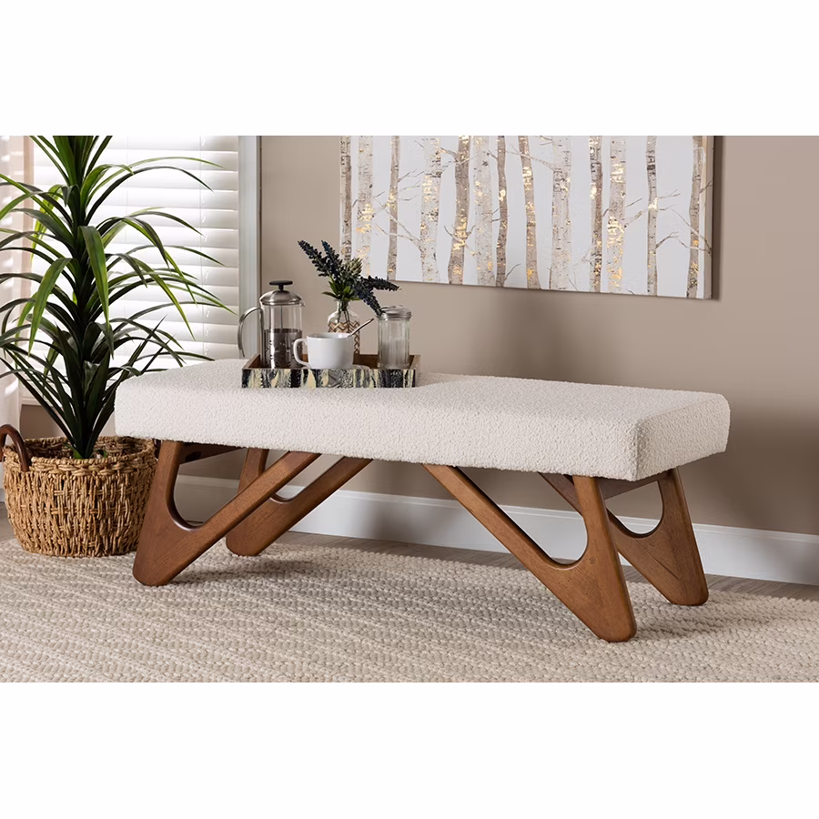 Rika Japandi Cream Boucle Fabric and Walnut Brown Finished Wood Bench