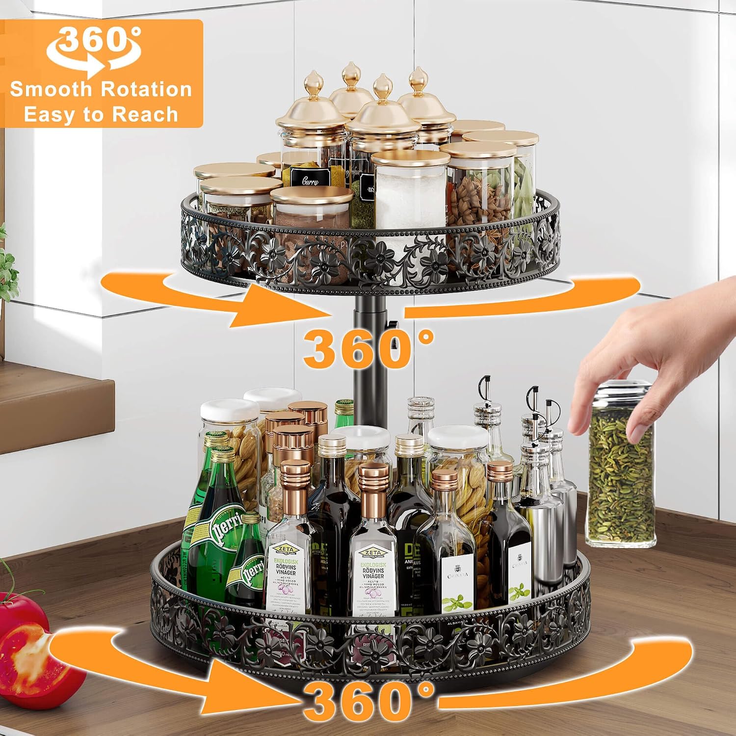 2 Tier Lazy Susan Organizer Turntable Height Adjustable, Black