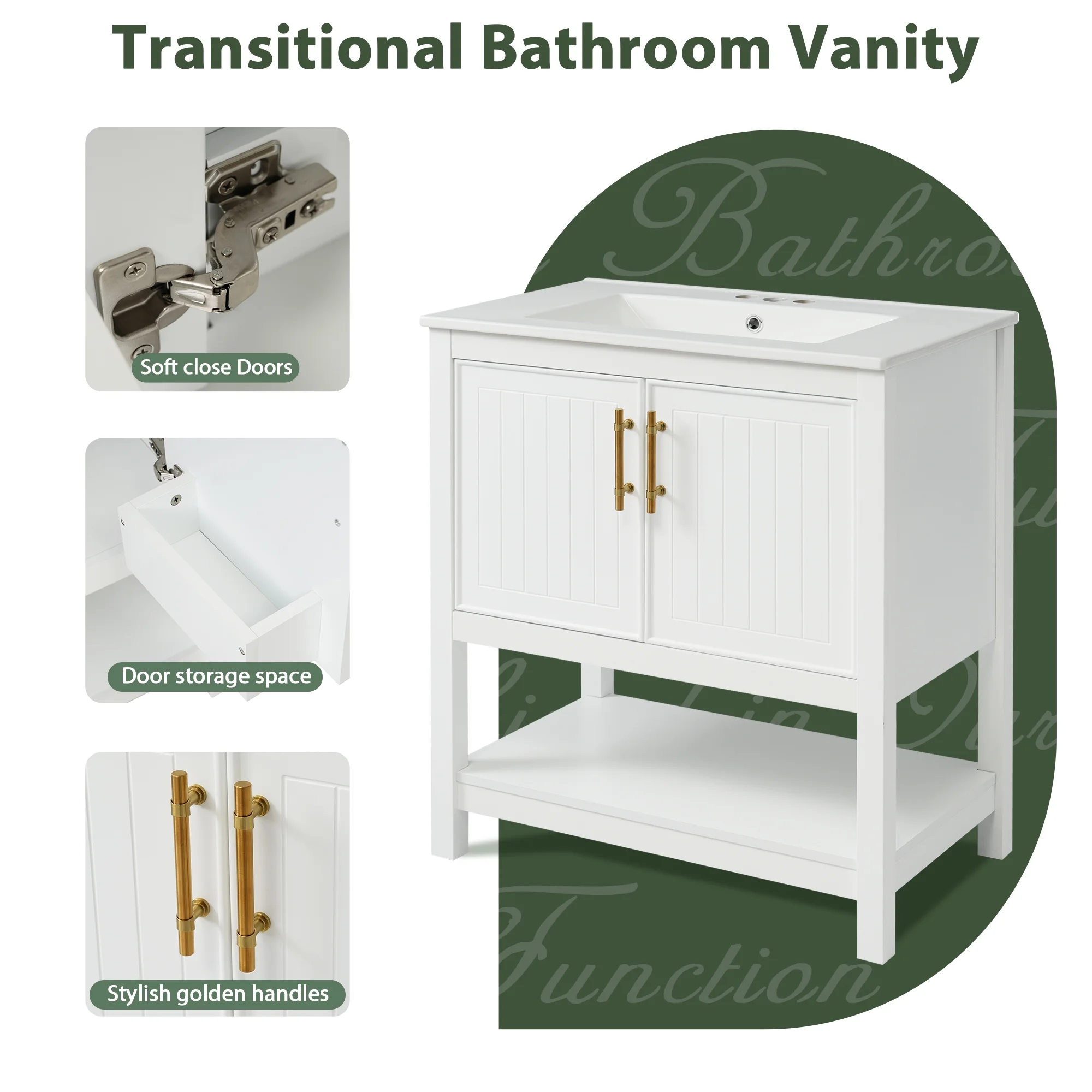 30-Inch White Bathroom Vanity with Ceramic Sink and Versatile Storage Ideal for Small Bathrooms, White(White) - Image 7