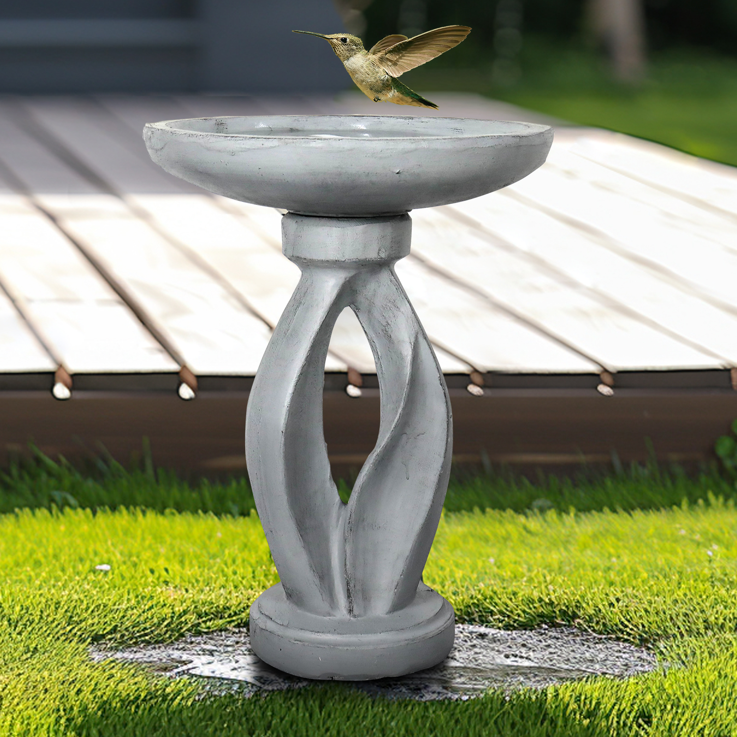 21.8 Inch Height Outdoor Bird Bath Fibre Reinforced Concrete Large Bird Bath Stylish with Curved Pedestal for Garden, Patio, Backyard, Lawn - Image 3