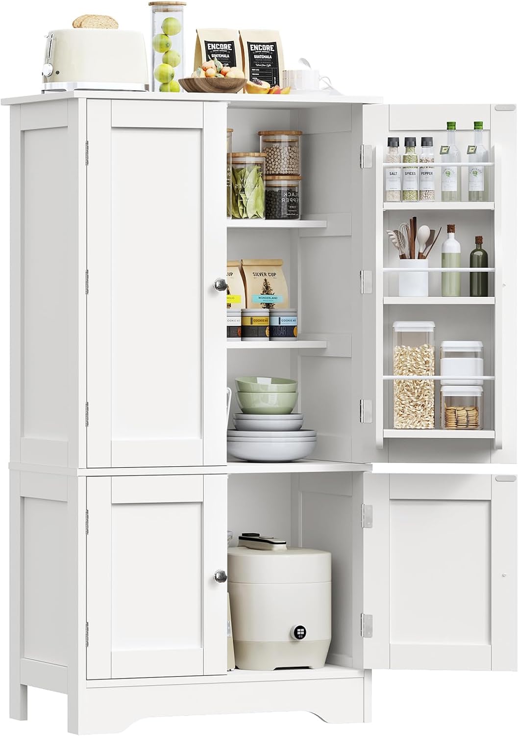 TeenFON 43'H Pantry Cabinet with 4 Doors, Kitchen Cabinet with 6 Door Shelves, Storage Cabinet-Kitchen Pantry for Living Room, Dining Room, Bathroom, White