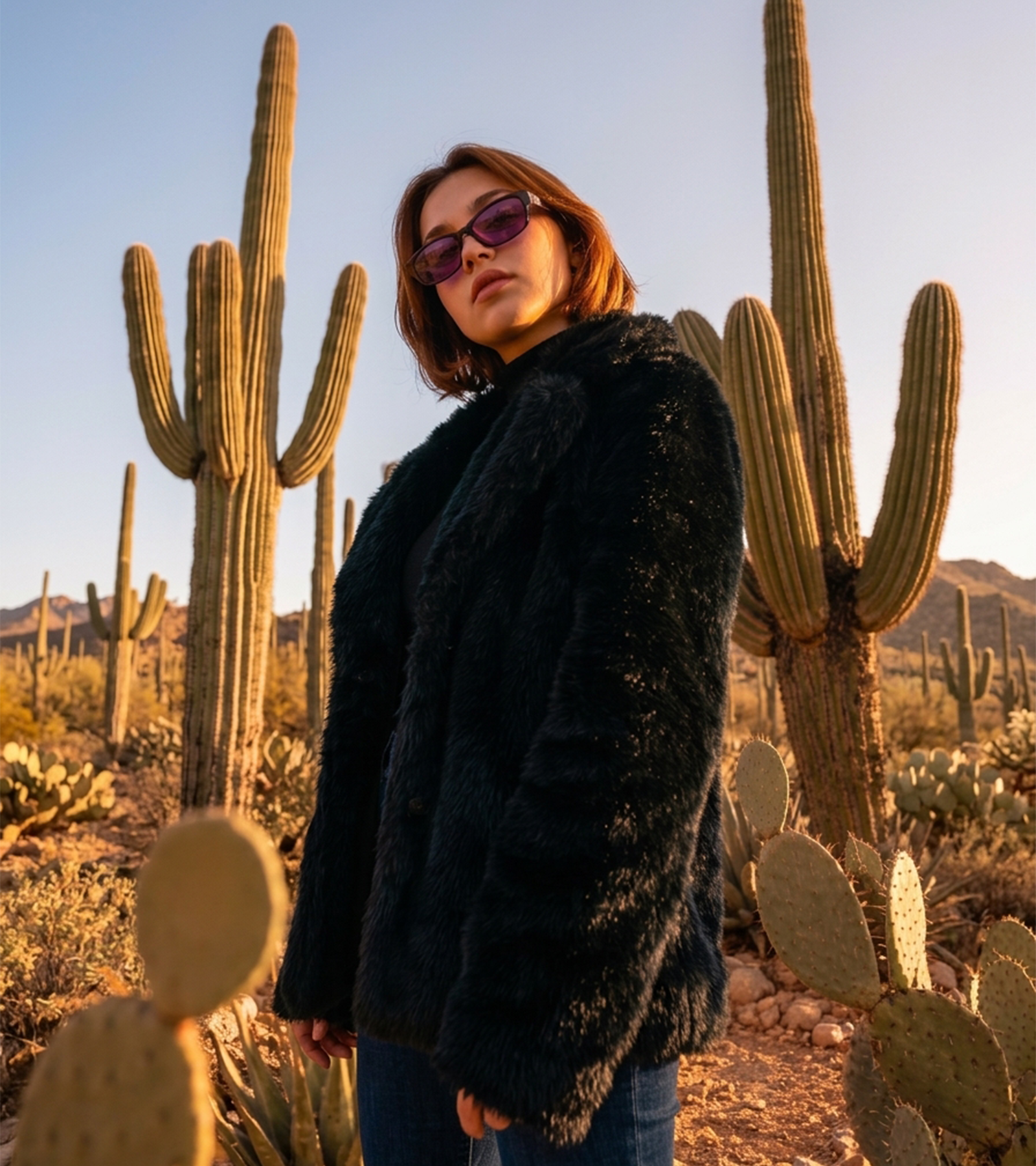 Stanetco black long faux fur coat styled in a desert cactus landscape