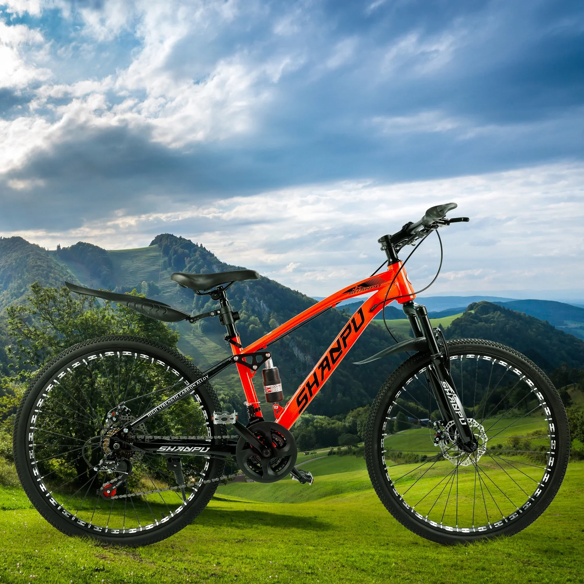 ARTUDATECH 26 Inch Wheel Full Suspension Mens Mountain Bike, Shimano 21 Speed,  Dual Disc Brake Bike for Men Womens Adult Bicycle With Bike Lock And Air Pump, orange