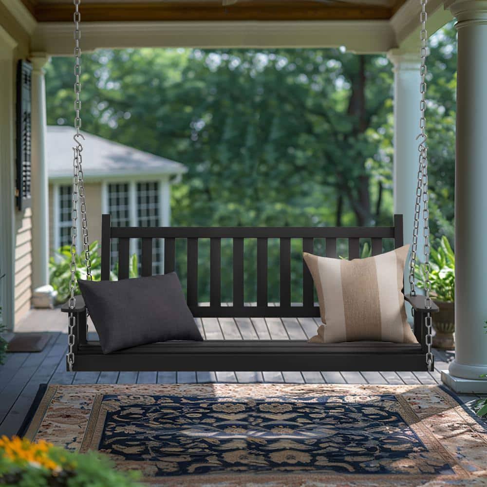 5 ft. Wood Patio Porch Swing Outdoor with Chains and Curved Bench, Black
