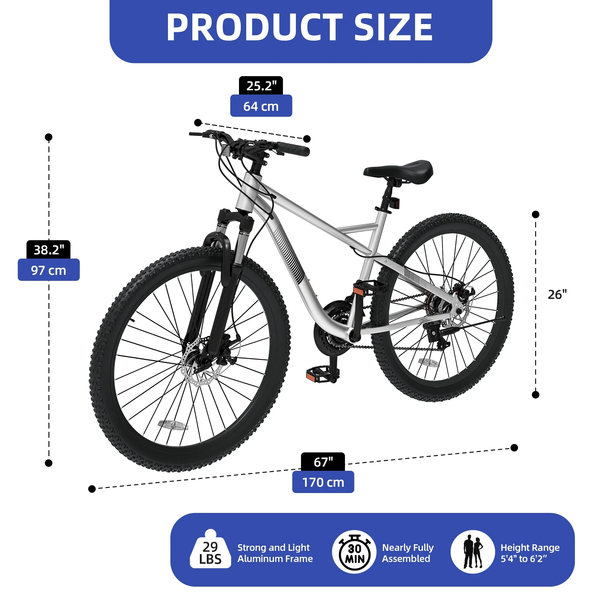 ModFusion 26-Inch Aluminum Alloy Mountain Bike, 21-Speed, Disc Brakes, Black with Brown Tires, 85% Assembled