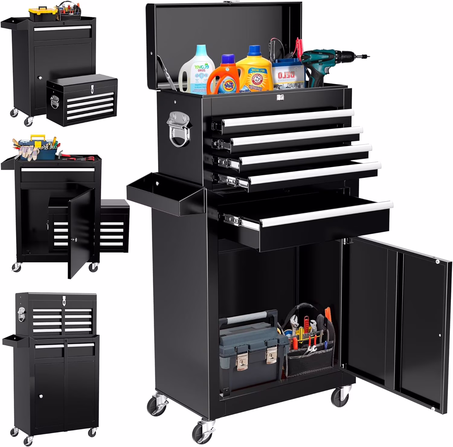 Huloretions 20 Tool Chest,Tool Storage Removable Tool Box Combo Rolling Tool Chest, 5-Drawers Metal Tool Box Organizer w/Auto Locking System & Lockable Wheels, Sliding Drawers, Detachable Top