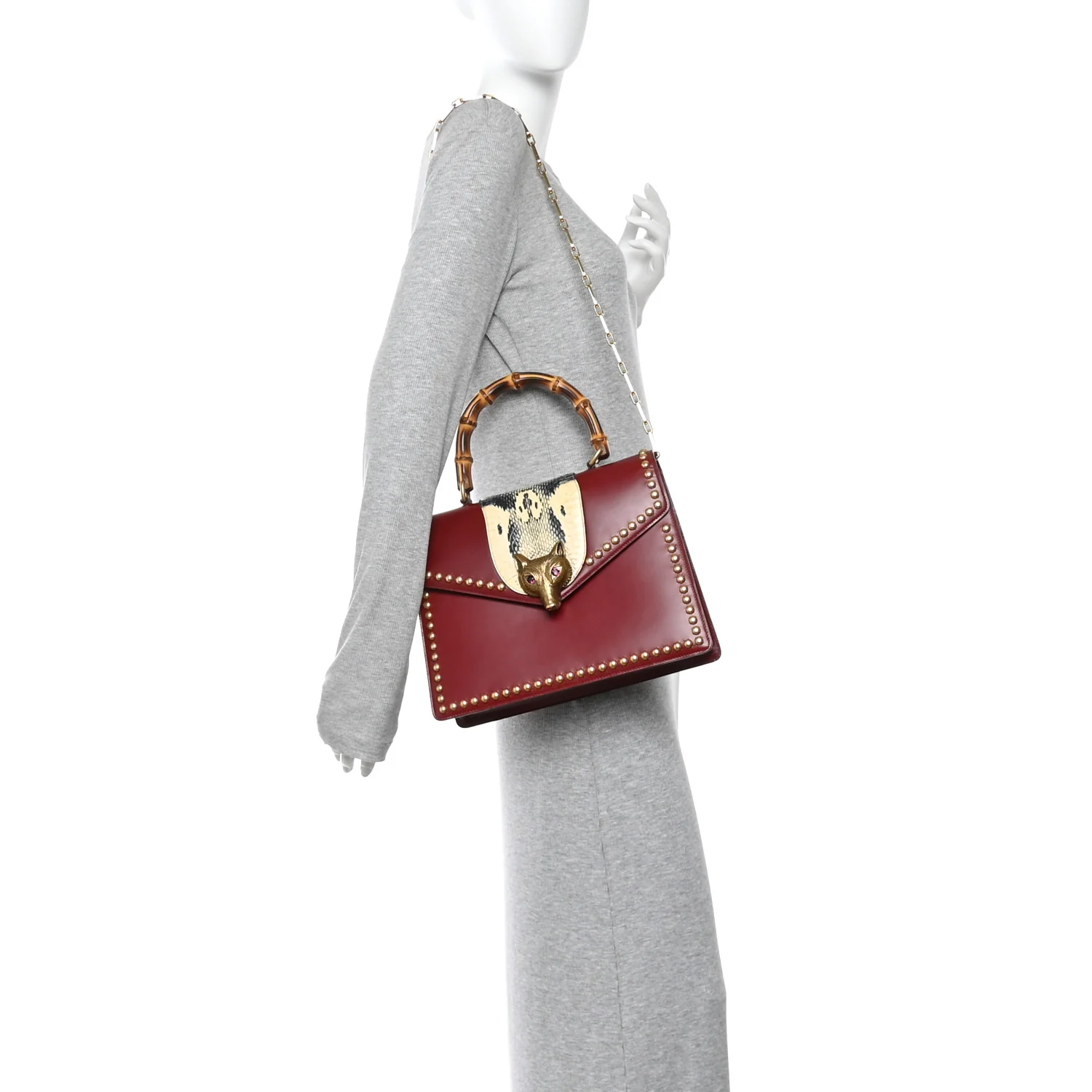 Glossy Calfskin Snakeskin Studded Fox Broche Bamboo Top Handle Bag Red