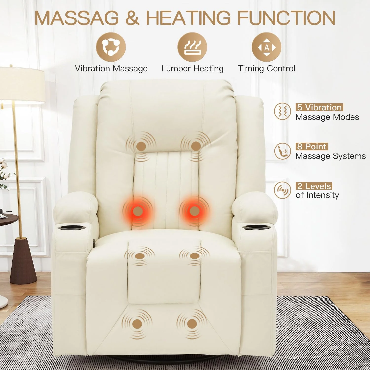 AECOJOY Massage Recliner Manual Chair with Heating & 360° Swivel Rocking Function, Cream White