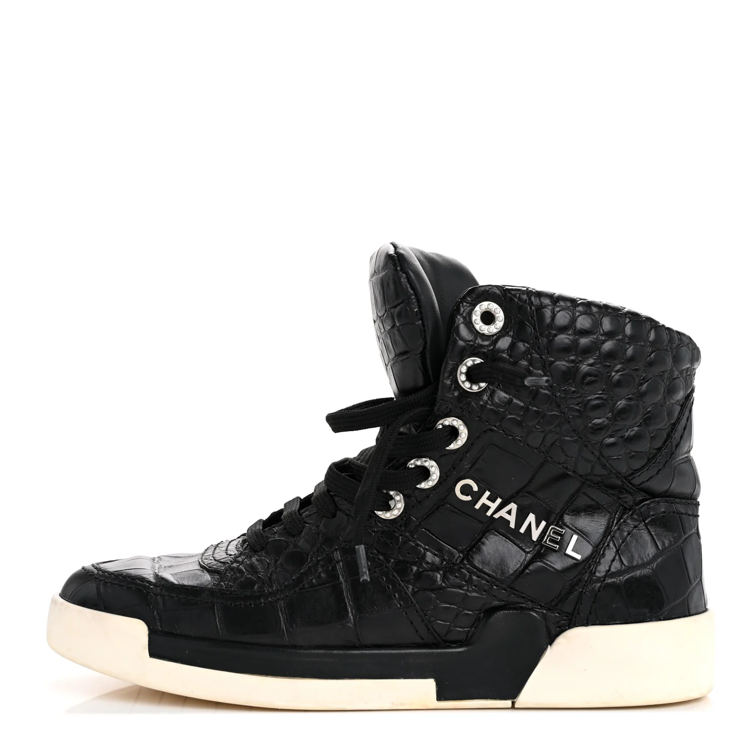 Calfskin Crocodile Embossed Cocodile High Top Sneakers 36.5 Black